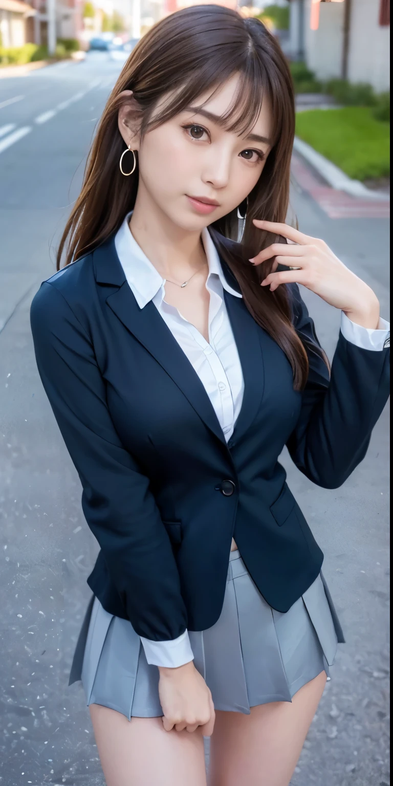 (16k, RAW Photos, Best image quality, masterpiece: 1.45), (Realistic, Photorealistic: 1.37), One Girl, cute, Cityscape,, Professional Lighting, Photon Mapping, School classroom, Physically Based Rendering, Dark brown hair,Ponytail hairstyle, Beautiful well-groomed eyes、((double eyelid))、super cute girl, (((school uniform、blazer、Long-sleeved shirts worn by Japanese high school girls、Ribbon tie、Dark blue mini skirt,、Dark blue socks、Black Loafers))), Highest quality photos, High resolution, 1080p, (Clear Face), (Detailed facial depiction), (Detailed description of the handpiece), (Detailed CG)、Extreme light and shadow、Messy Hair、Masterwork、Rich details、(Detailed facial features)、(Top quality photoassessed muscle parts)、(Detailed eyes)、Look in front of you、Thin clavicle、((Slim and large))、(((Japanese female students wear jackets and long-sleeved shirts)))、((A proper idol))、((school gate、Schoolyard、With the school building in the background))、(Take photos from random perspectives)、(((Anyway that&#39;s cute)))、Earrings、Big smile、Drawing the whole body from the knees、Don&#39;t draw thin lines、(((Sports bags popular among Japanese female students)))、(Big big breasts with big drooping:1.2)、Big toned buttocks、Two Arms、Two legs、(((from the front:0.3)))、bare hands、(((Symmetrical eyes)))、Standing pose、There are also chairs.、Please put your hands on the table、Please do not remove the tie from the jacket、Lift your butt:1.5