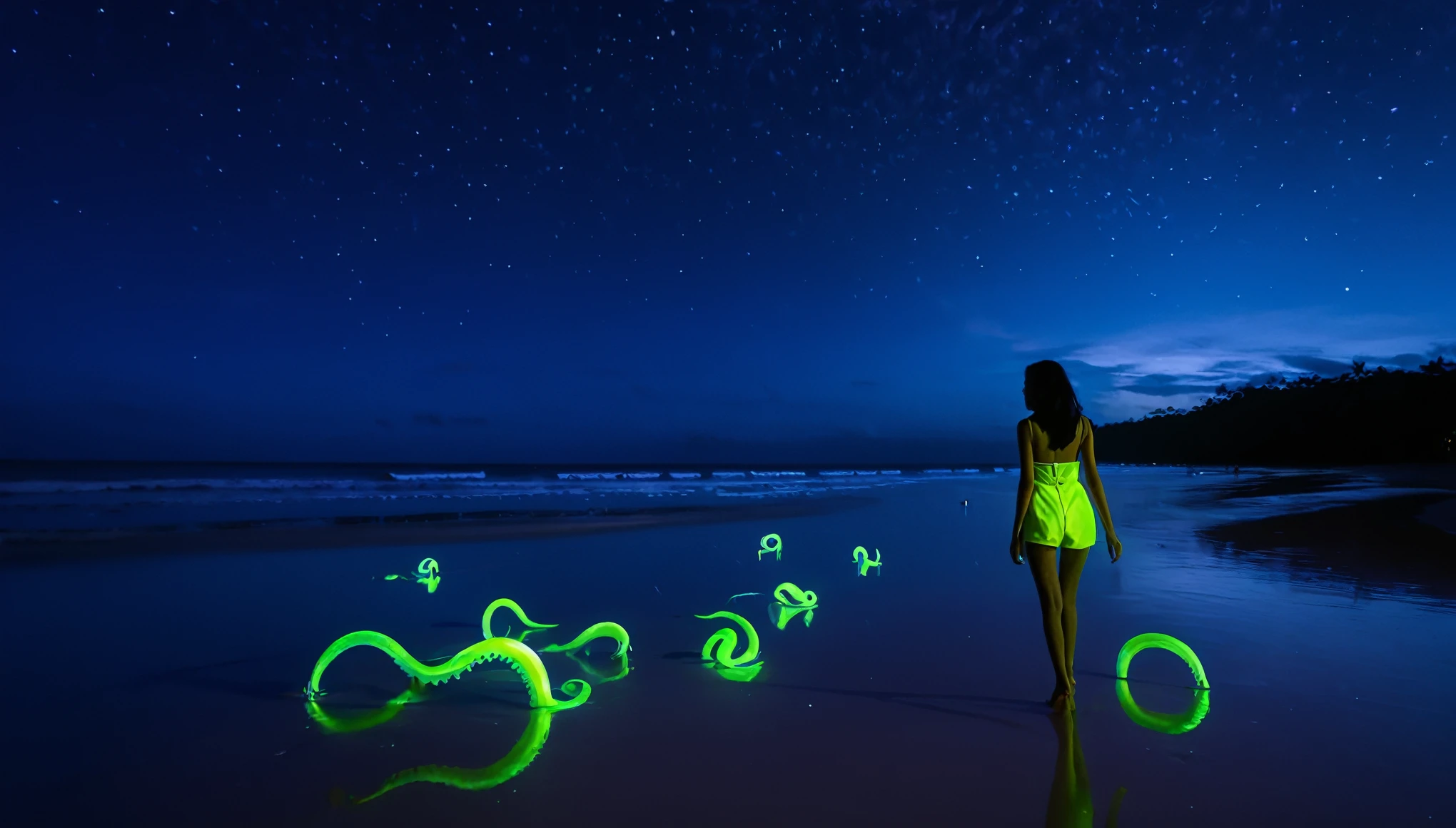 A (stunning nubile Malaysian woman strolling)(friendly fluorescent tentacle creatures) on a neon-lit beach under a starry, otherworldly sky
