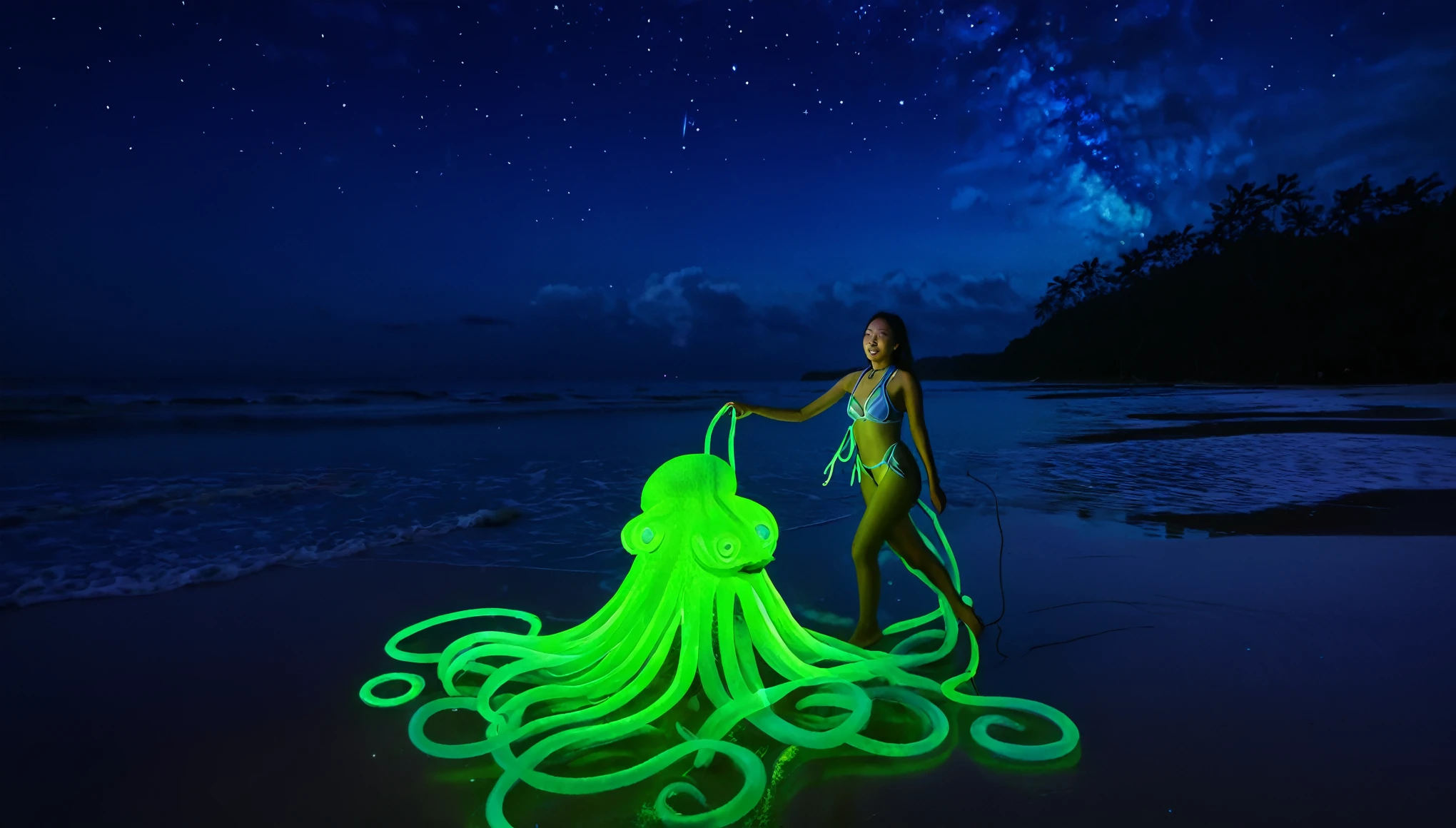 A (stunning nubile Malaysian woman strolling)(friendly fluorescent tentacle creatures) on a neon-lit beach under a starry, otherworldly sky