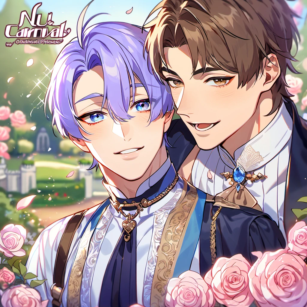absurdres, highres, ultra detailed, HDR, master piece, best quality, perfect face, beautiful eyes, delicate features, Eiden, brown hair, expressive brown eyes, Nu Carnival, Kuya, light-purple hair, expressive blue eyes, fox ears, two men together, gay couple, handsome, fantasy clothes, castle, garden, pink roses, petals