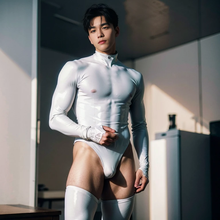 (masutepiece,High resolution,ultra - detailed:1.0),1(Boy,Robot Boy),Perfect male body,Look at the camera,Delicate eyes and delicate face,extremely details CG,Unity 8k wallpaper,intricate-detail,solo person,Detailed face, (Futuristic skin-perfect white bodysuit), Best Quality, hands visible, (White Gloves), Beautiful and delicate blue short hair:1.5 , full length shot(fls) , big thighs , big hips , insane details, hyper details , photorealistic , only male , handsome boy , fat buttock , puffy nipples , 16k resolution , ultra-high clarity , hyperrealism, uhd,. K-pop idol , whore , slutty whore , swollen nipples , defeat , grins ,thick thighs, thick booty. Fat buttocks , male , wide his , wide pelvis