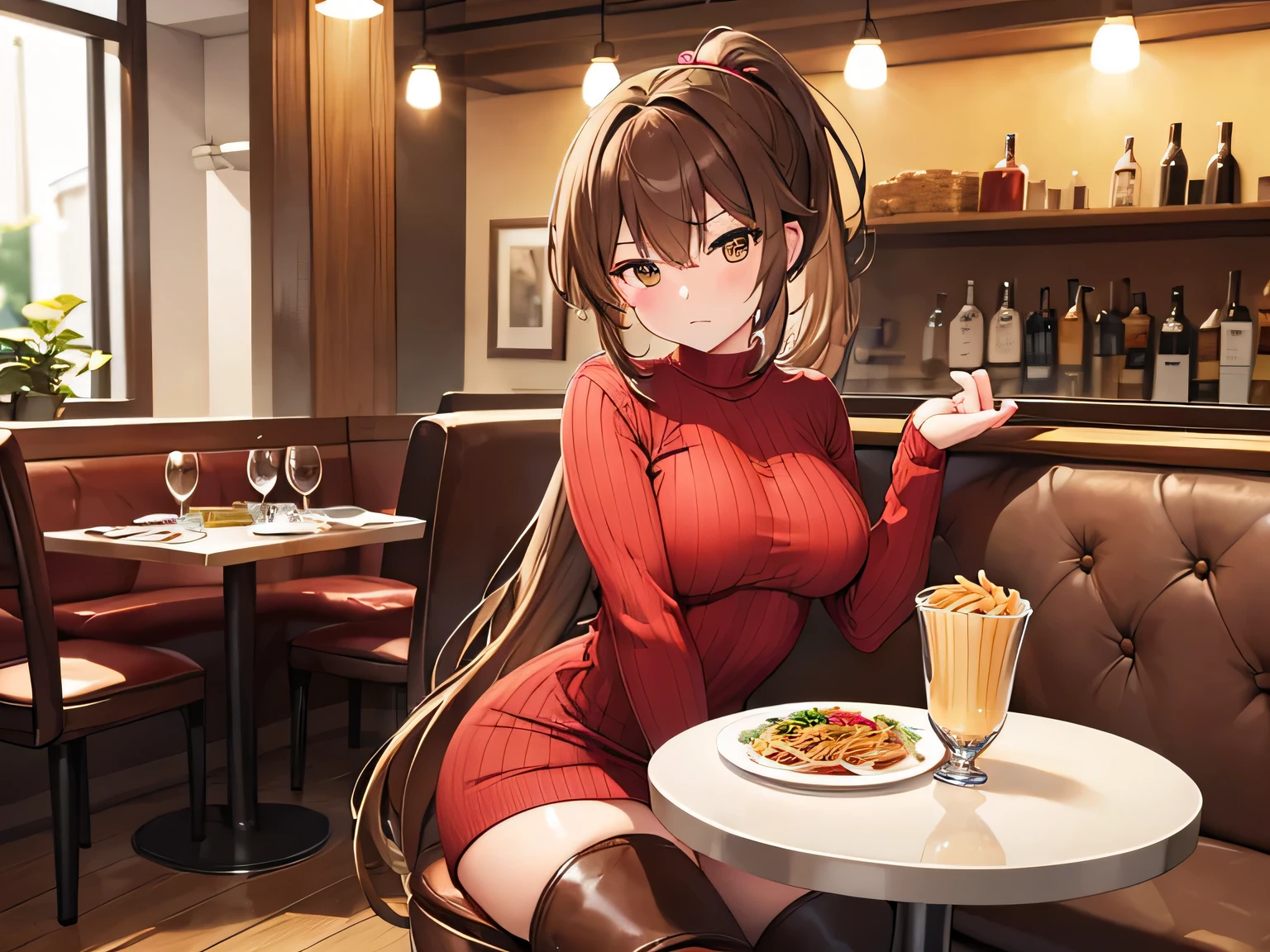 (Masterpiece, top quality, high resolution, realistic photo, realistic looking skin:1.1),
(A woman is sitting in a chair at a table in a pasta restaurant:1.8),
(She is glaring at us with a furious expression: 1.5),
(She is wearing a red long-sleeved mini knit dress:1.8),
(She is wearing a red long-sleeved mini knit one-piece dress made of ribbed material that shows off her curves:1.5),
(She is wearing long brown boots:1.8),
(She has brown hair in a medium ponytail:1.5),
(The location is a chair at a table in a pasta restaurant:1.5),
1 Japanese girl, solo, full bodied esbian, beautiful eyes, glowing eyes, glowing thighs, NSFW