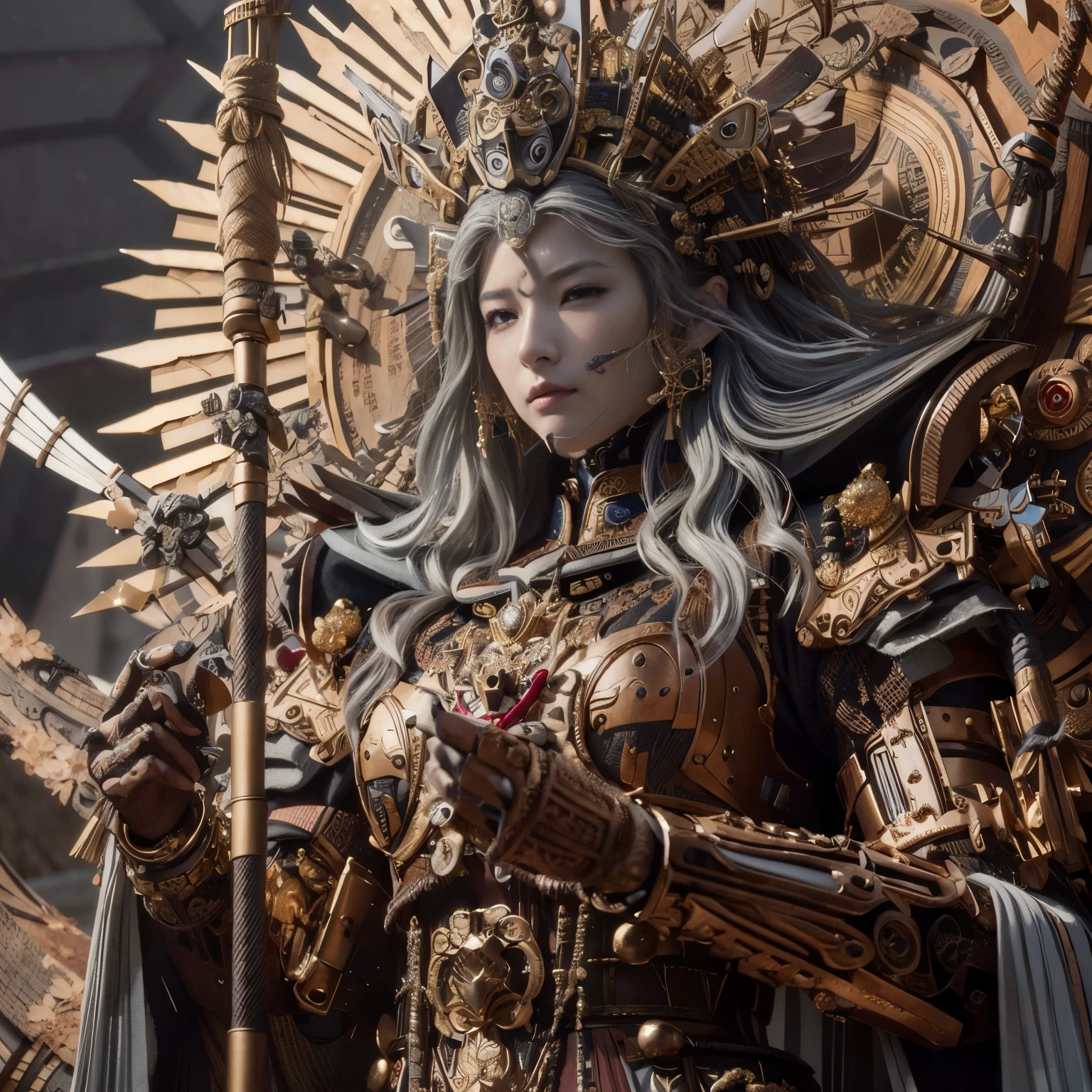 (masterpiece, best quality:1.2), (8k uhd, 16k, 32k, ultra high res), (photorealistic:1.37), (RAW photo), ultimate-realistic, ultimate-realistic details, ultimate-realistic texture, ultimate-intricate details, ultimate-realistic lighting, ultimate-realistic shadow, japanese girl, ultimate-cute face, ultimate-RAW skin, ultimate-realistic eyes, A pretty woman wearing a samurai armor type powered suit, mechanical, extremely intricate details, full body shot, ultimate photorealistic