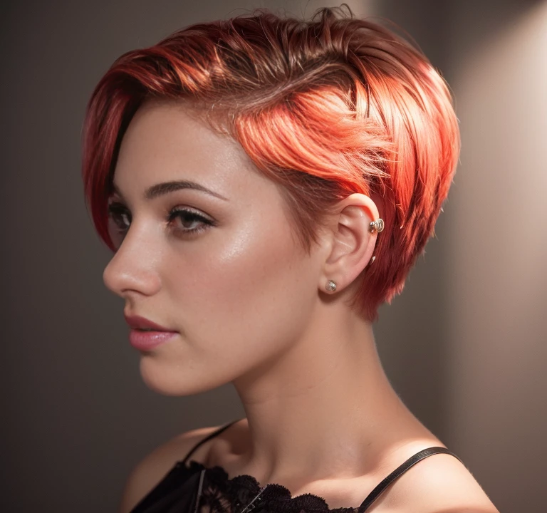 Portait of a beutiful short hair woman, eue liner, short pixie hair, low cut top, crop top, mini leather skirt, red hair