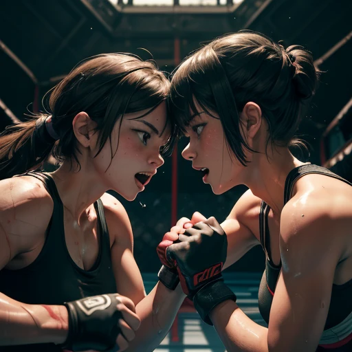 Two beautiful female fighters, each slamming their fists into the other's body in the octagon, in a battle royal between two beautiful female fighters. Wounded all over. Out of breath, mouth open. She is drenched in sweat. Torn and tattered tank top and spats, open finger gloves. Erect nipples. Short-cut black hair.