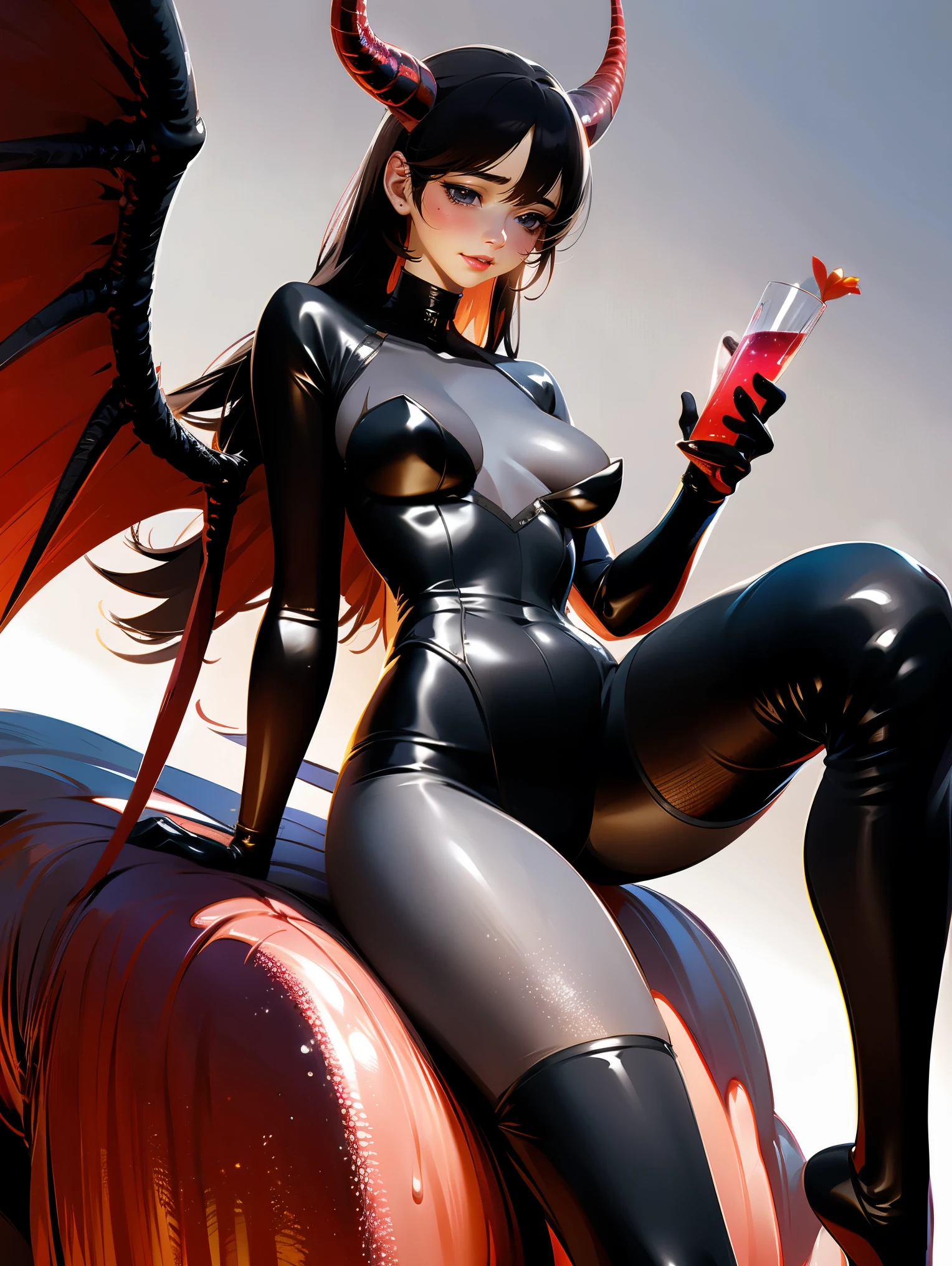 demongirl,detailed eyes and face,long eyelashes,beautiful lips,[anatomically correct],demon wings,black horns,red glowing eyes,demonic aura,dark atmosphere,[graceful and alluring pose],enchanted garden background,[oil painting],[best quality],ultra-detailed,photorealistic,vivid colors,studio lighting，meat and alcohol over the background