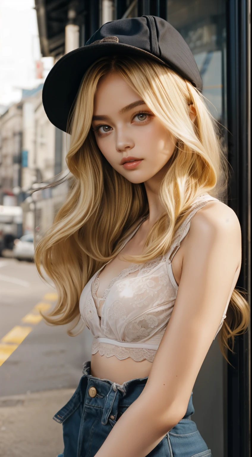 (Raw photo:1.2), (Photorealistic), Beautiful detailed girl, Very detailed eyes and face, Beautiful detailed eyes, Huge file size, High resolution, Very detailed, Best Quality, [masterpiece:1.6], Illustration, Very detailed, Fine detail, Best Quality, 32K Wallpaper, intricate details, on a central plaza of Vienna city, victorian buildings,  beautiful girl, blonde wavy hair, small natural breast, sexy panties and bra, full body photo, side shot,
