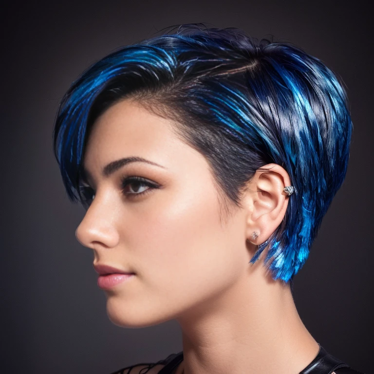 Portait of a beutiful short hair woman, eue liner, short pixie hair, full body view. Low cut leather crop top and mini skirt, indigo hair
