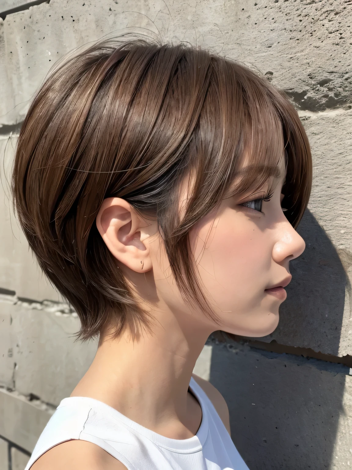 Hair like a live action,Concrete wall background,Her face in profile,Natural light,short hair,Light Brown Hair