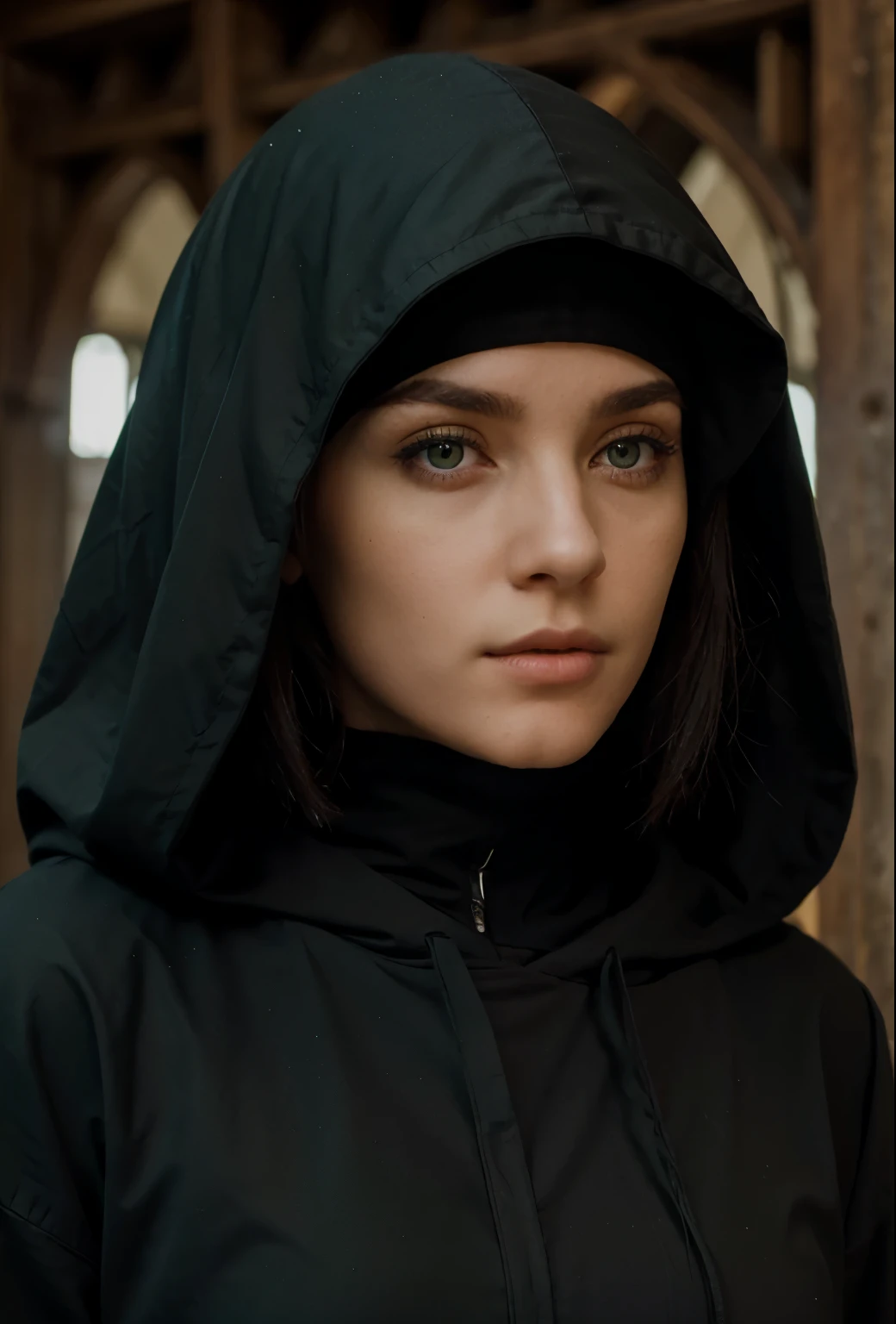 woman with strong green eyes wearing a black hooded Monastic Habit, She has her head down, ela tem um olhar misterioso, she is serious