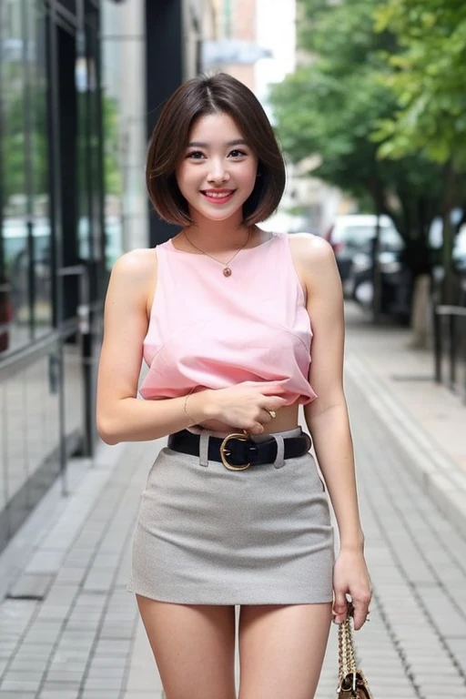 《Smiling beautiful woman with short hair wearing a miniskirt and blouse》,《Big Breasts》,《Muscular body》,《Full body》,《Long, slim, beautiful legs》,《High heel pumps》