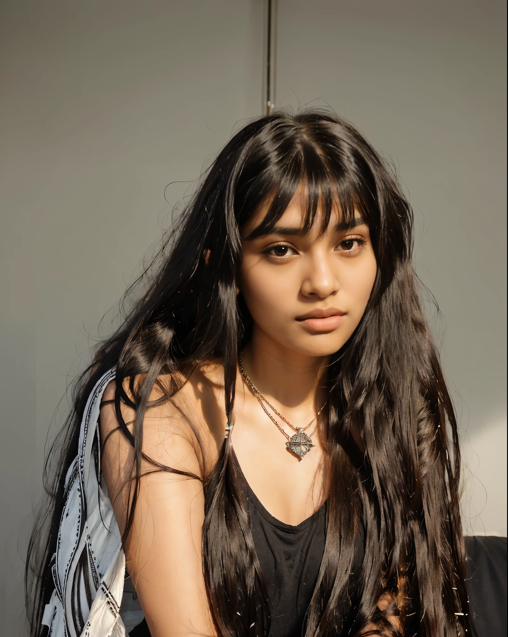 there is a woman with long hair and a necklace on, with long hair, indian girl with brown skin, with straight black hair, 18 years old, long black hair with bangs, indian, long hair with bangs, young woman with long dark hair, girl with long hair, with long hair and piercing eyes, long dark hair with bangs, with long black hair