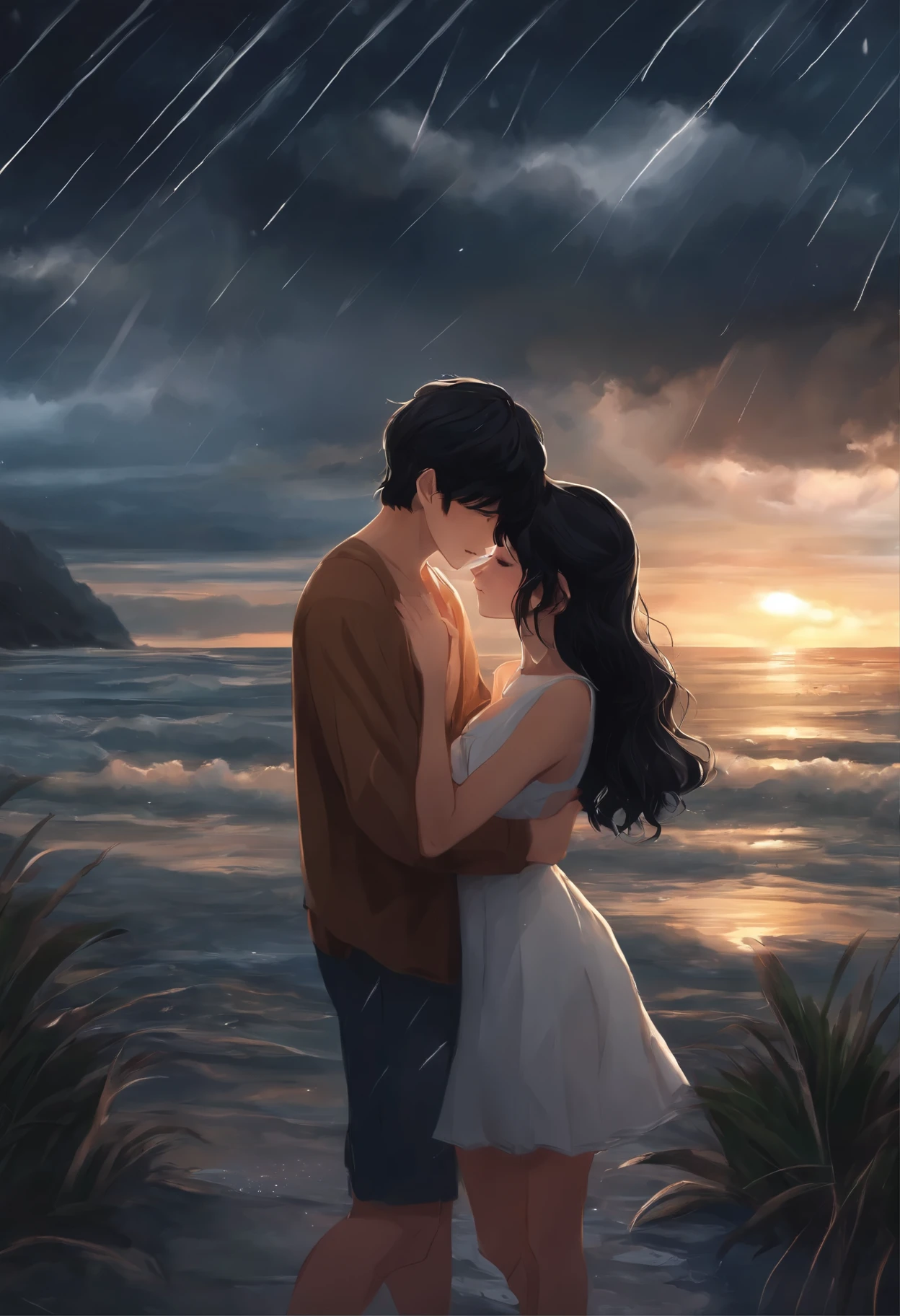 her bf and she are kissing on the storm, she has short black hair a little long wavy, tan skin, beautiful face, 15 years old girl. her bf has handsome face, look hot, white skin anime version, black hair