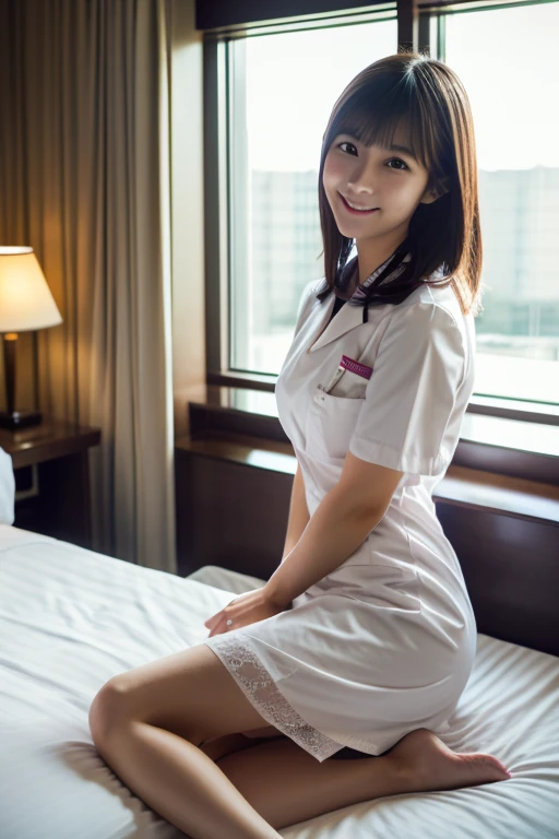 Best Picture Quality, Ultra High Quality, Realistic, Japanese Woman, Nurse, (Wearing Nurse's Dress), (White  Stockings), 20 Years Old, Beautiful, Beautiful Woman, Medium Hair, Hotel Room, Day, Sunlight Through Window, Front View