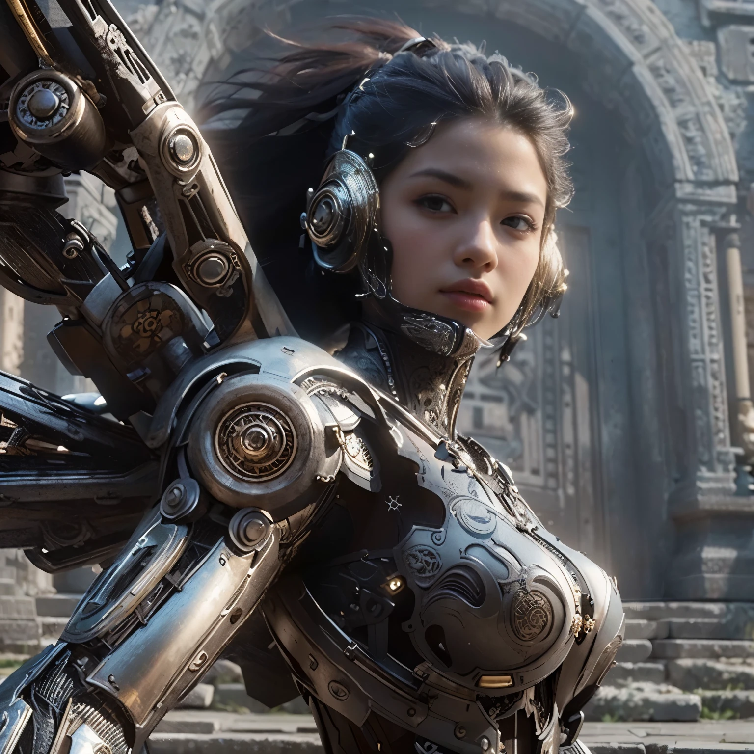 (masterpiece, best quality:1.2), (8k uhd, 16k, 32k, ultra high res), (photorealistic:1.37), (RAW photo), ultimate-realistic, ultimate-realistic details, ultimate-realistic texture, ultimate-intricate details, ultimate-realistic lighting, ultimate-realistic shadow, japanese girl, ultimate-cute face, ultimate-RAW skin, ultimate-realistic eyes, A pretty woman wearing a samurai armor type powered suit, mechanical, extremely intricate details, full body shot, ultimate photorealistic