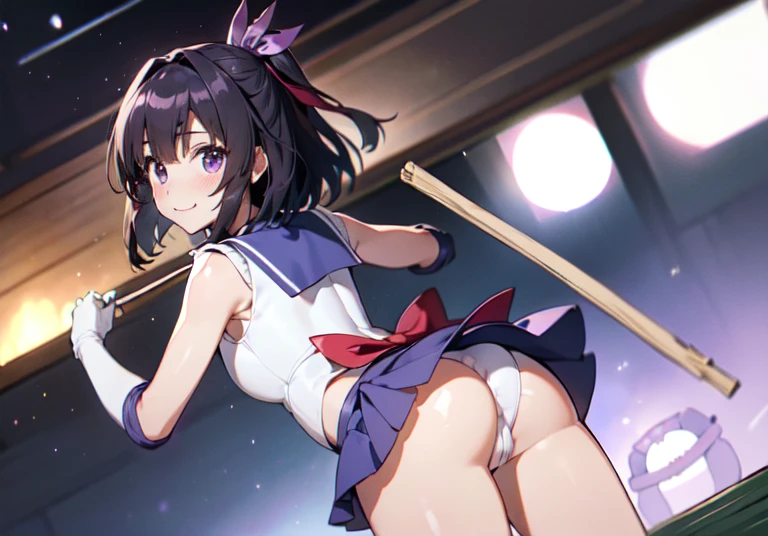 master piece,best quality,ultra detailed,8k, ambient light,realistic skin,glossy skin,cute, (sailor_saturn)、The collar, skirt and ribbon are purple.、Hide your fingers、 (nude, (stick out butt:1.3), (show your butt hole:1.8))、Glossy lips、Slightly emphasize the lower lip、blush、smile、emphasizing the cleavage、 Fantastic night sky、Saturn、Aurora、horizon、Open-air bath、Japanese Inn Futon