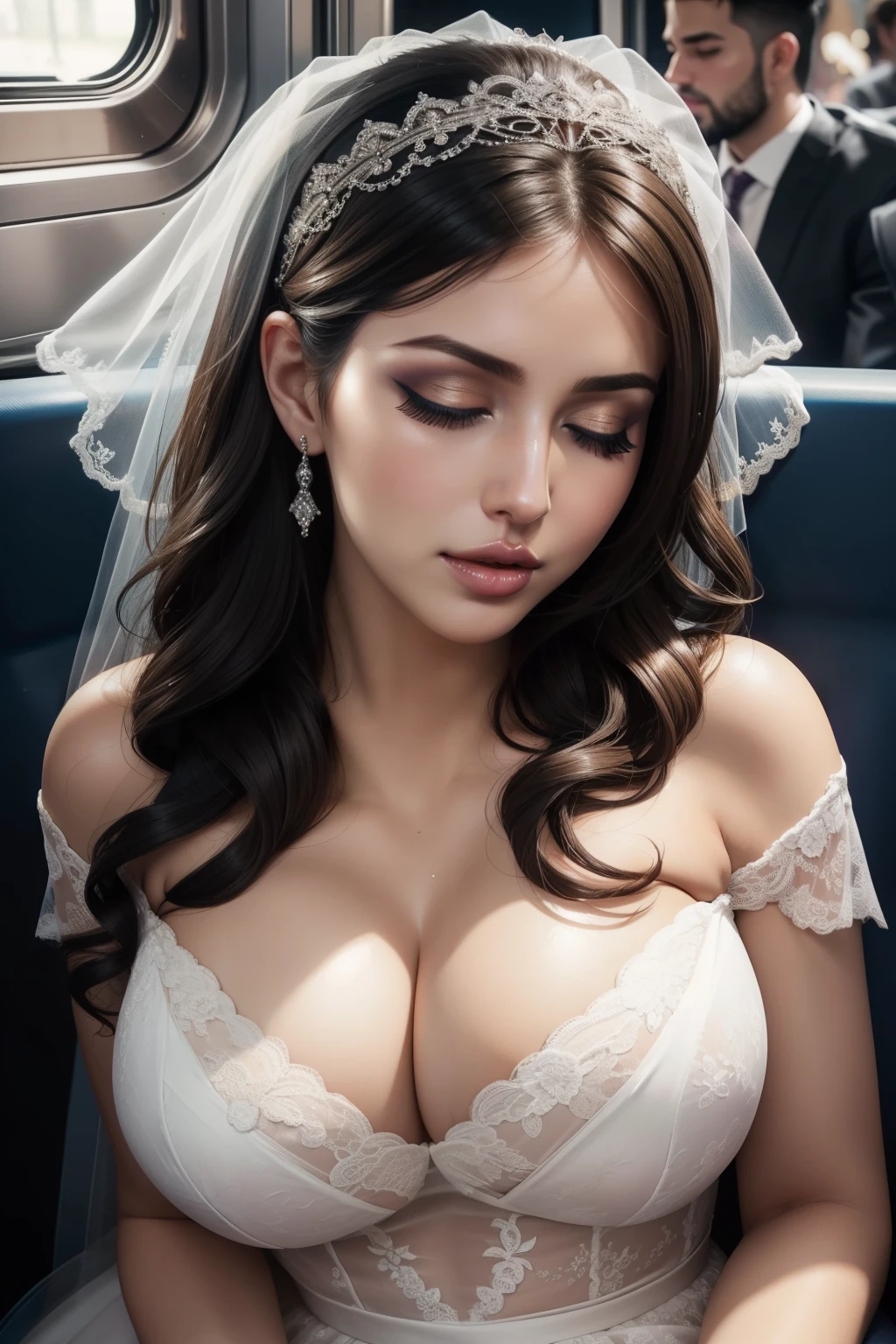 1 beautiful woman, sweating, big eyelashes, glossy lips, salivating, sleeping with her mouth open, snoring asleep, asleep sitting on the train, head resting on the seat, sexy wedding dress, outlined eyes, closed eyes, painted eyelids, face made up, resembling model Lucy Pinder