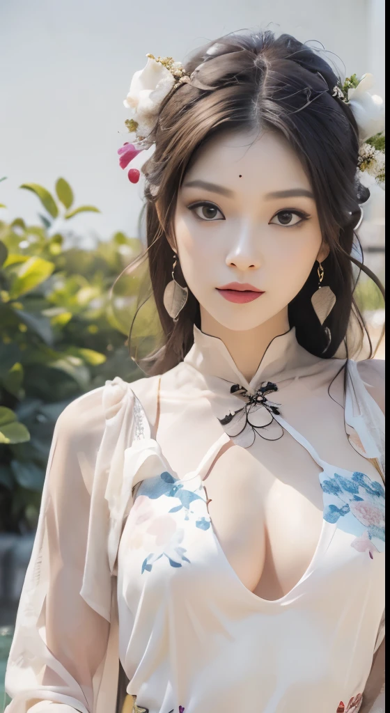 An ancient Chinese beauty, 18 years old, has a pair of bright and charming big eyes, sexy, pure desire, big breasts, snow-white skin, smooth and delicate skin, wearing a phoenix crown and gold ornaments, wearing a blue and white porcelain Hanfu, a tube top, and a fairy spirit Piaopiao, medium and close shot, real, ultra-high definition, 8K, raw, photography