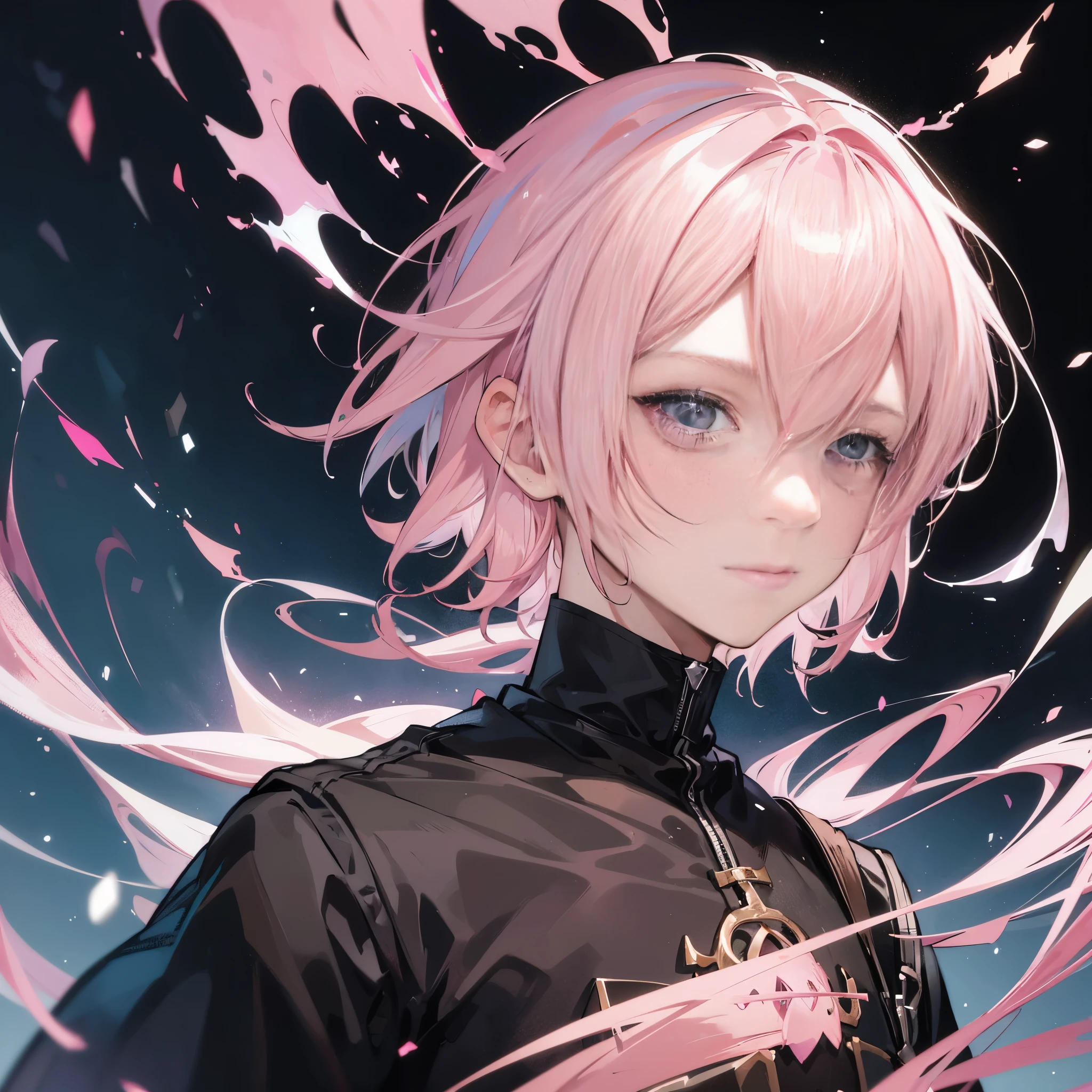 male, ((Light pink hair)), ((black eyes)), ((avatar)), ((portrait)), ((a boy)), short hair