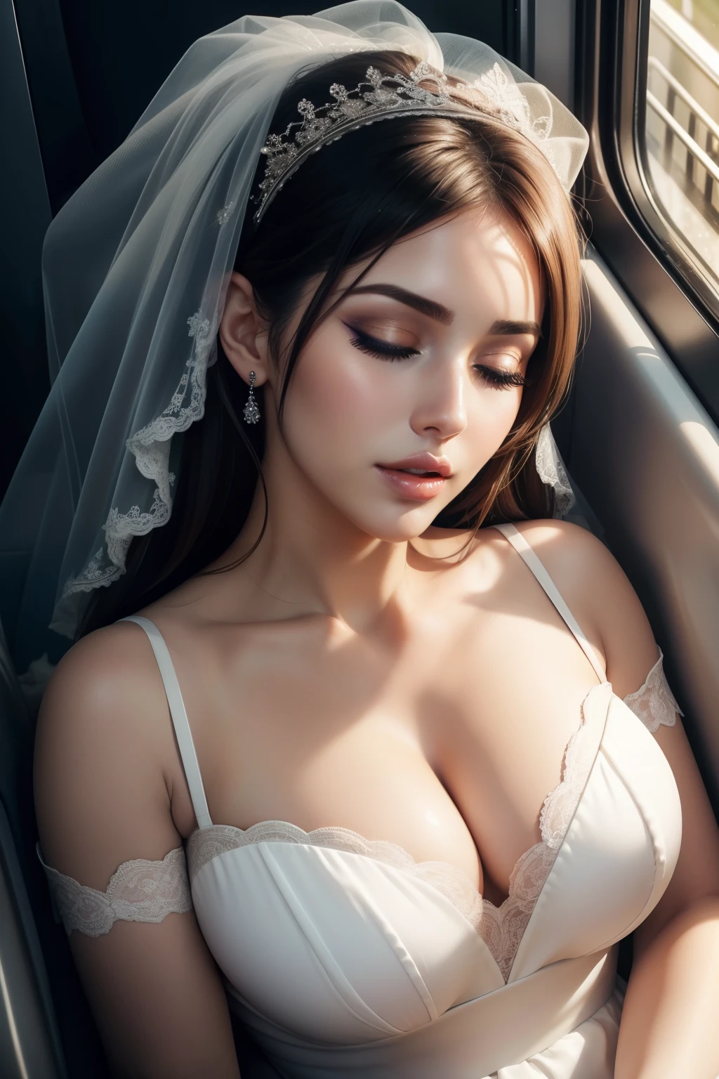 Lucy Pinder, portrait, voluptuous, neckline, sexy dress, Adele, ((VERY INTENSE MAKEUP)), (Adele), bride, sitting in a car, ((eyes closed)), Mouth wide open.