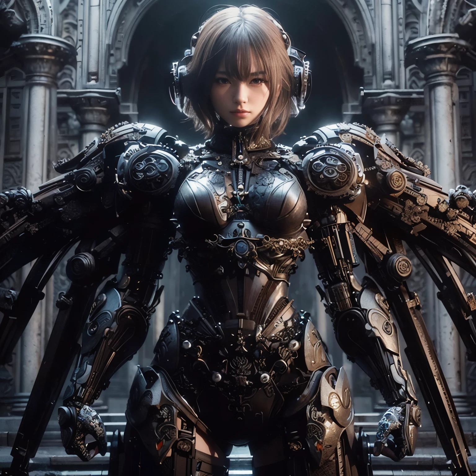 (masterpiece, best quality:1.2), (8k uhd, 16k, 32k, ultra high res), (photorealistic:1.37), (RAW photo), ultimate-realistic, ultimate-realistic details, ultimate-realistic texture, ultimate-intricate details, ultimate-realistic lighting, ultimate-realistic shadow, japanese girl, ultimate-cute face, ultimate-RAW skin, ultimate-realistic eyes, A pretty woman wearing a samurai armor type powered suit, mechanical, extremely intricate details, full body shot, ultimate photorealistic