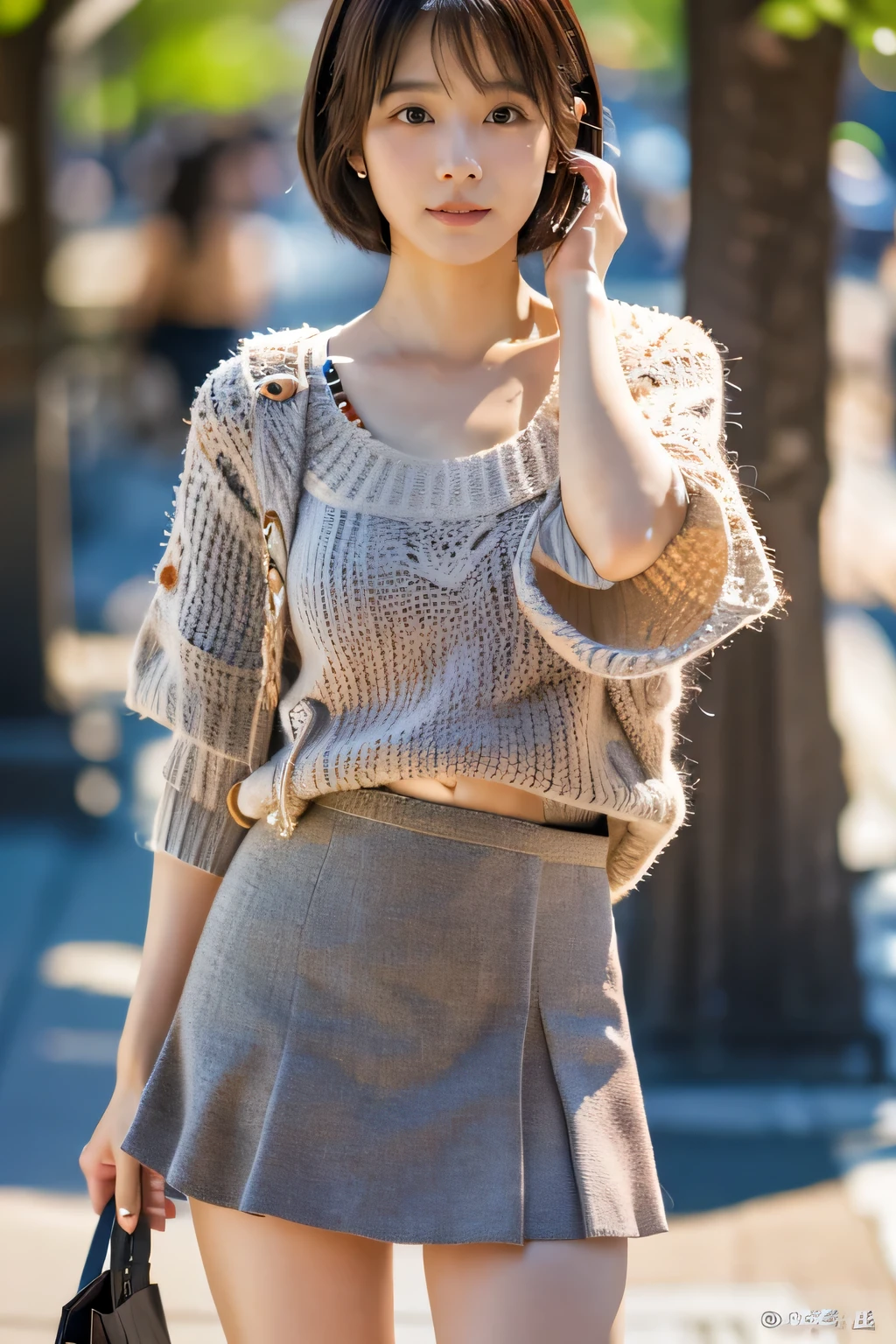 masterpiece, highest quality, Photorealistic, Very detailed, finely, High resolution, 8K Wallpaper, Professional, High level of detail, ((One 20-year-old girl:1.2)), Slender Japanese women,cute lips, Detailed clavicle, Mid-chest、Perfect Face, (Cute short hair:1.5), Chestnut Hair、Cute face、(Just-fitting summer knitwear:1.2)、(Grey Mini Flared Skirt:1.5)、Black short boots、(Sexy poses in the shopping district:1.2)、Perfect Style、((Complete head-to-toe coverage:1.5)、