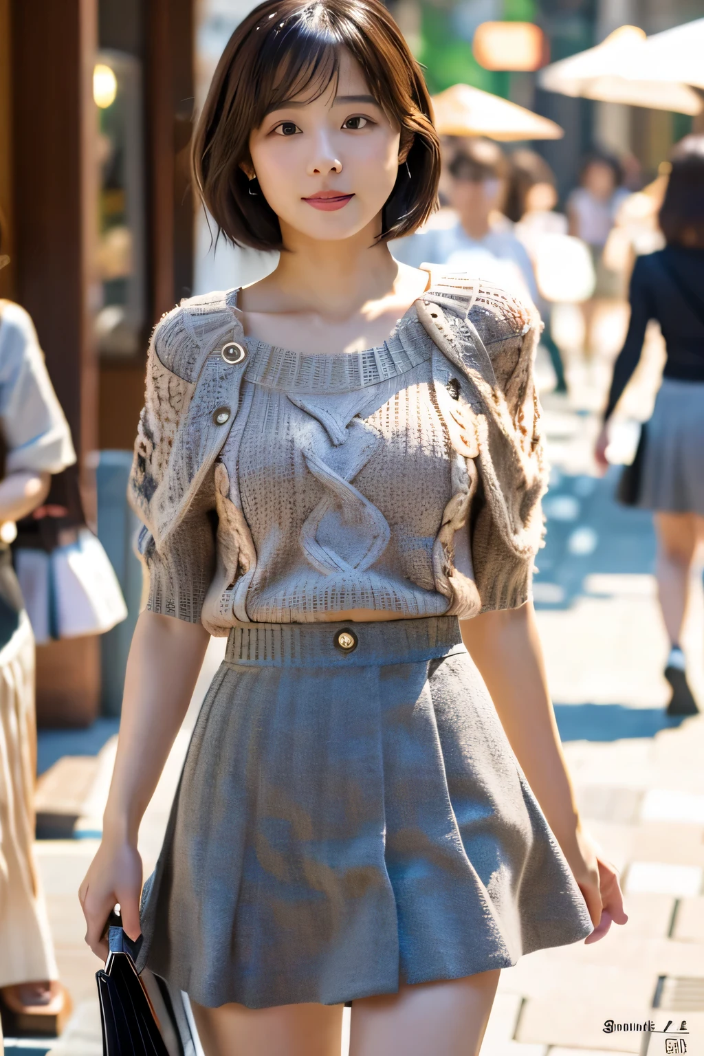 masterpiece, highest quality, Photorealistic, Very detailed, finely, High resolution, 8K Wallpaper, Professional, High level of detail, ((One 20-year-old girl:1.2)), Slender Japanese women,cute lips, Detailed clavicle, Mid-chest、Perfect Face, (Cute short hair:1.5), Chestnut Hair、Cute face、(Just-fitting summer knitwear:1.2)、(Grey Mini Flared Skirt:1.5)、Black short boots、(Sexy poses in the shopping district:1.2)、Perfect Style、((Complete head-to-toe coverage:1.5)、