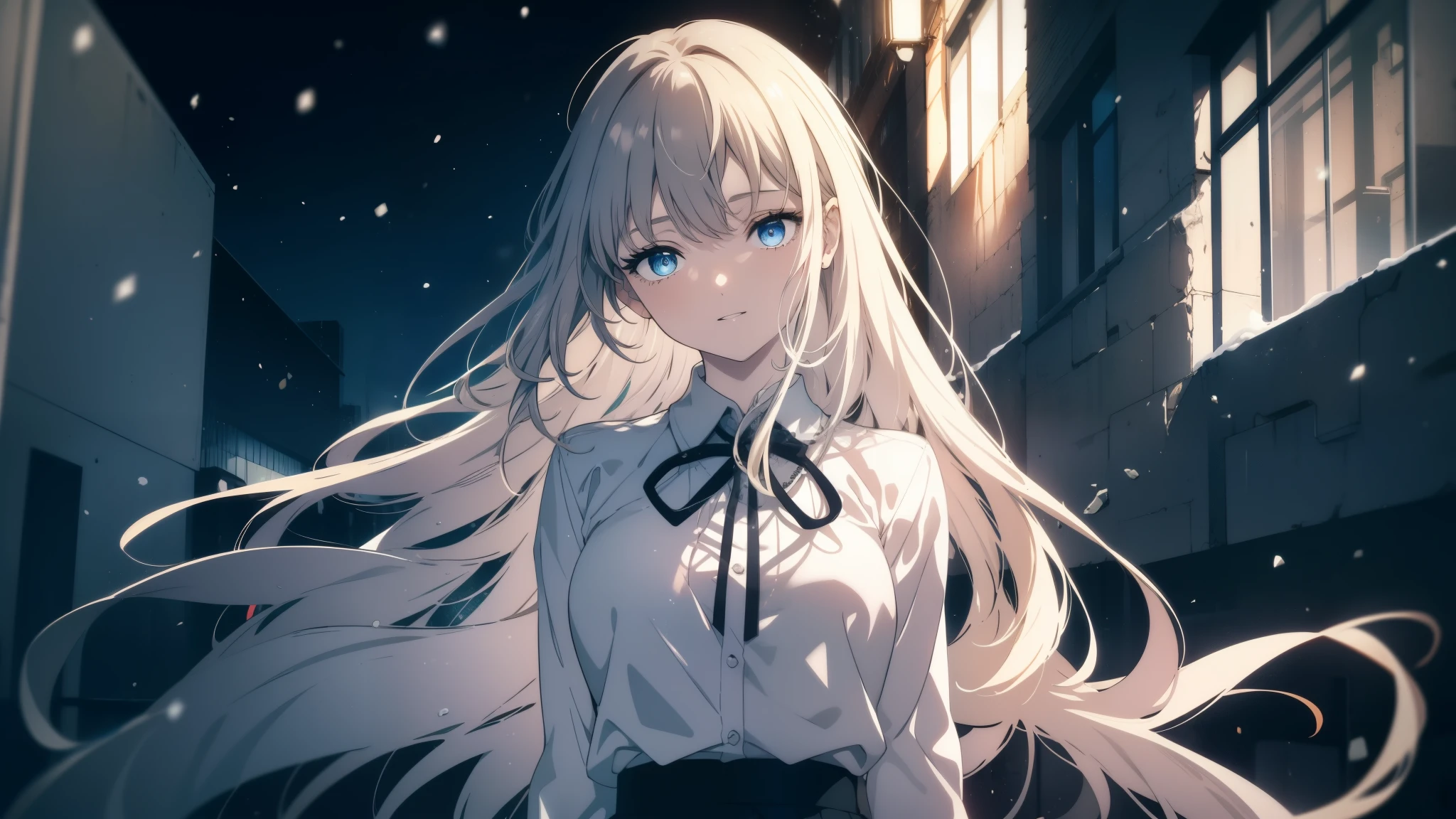 (Obra maestra, La mejor calidad, ultrahigh resolution), 1girl, standing, , white office shirt, black pleated skirt, (((light brown, light brown hair:0.7))), long hair cut, pale skin, ((blue eyes)), glowing_eyes, neon eyes, (ultra detailed eyes:0.7, beautiful and detailed face, detailed eyes:0.9), ((centered)), smile, ((wide shot)), facing viewer, eye level, ((vibrant background, snowy landscape, cityscape, snowing, snow)), flat chested, looking at viewer, ((half closed eyes)), ((perfect hands)), (((head:0.9, arms, hips, elbows, in view))), ((hands behind back)), empty eyes, beautiful lighting, outside, outdoors, background, defined subject, 25 years old, (head tilt)