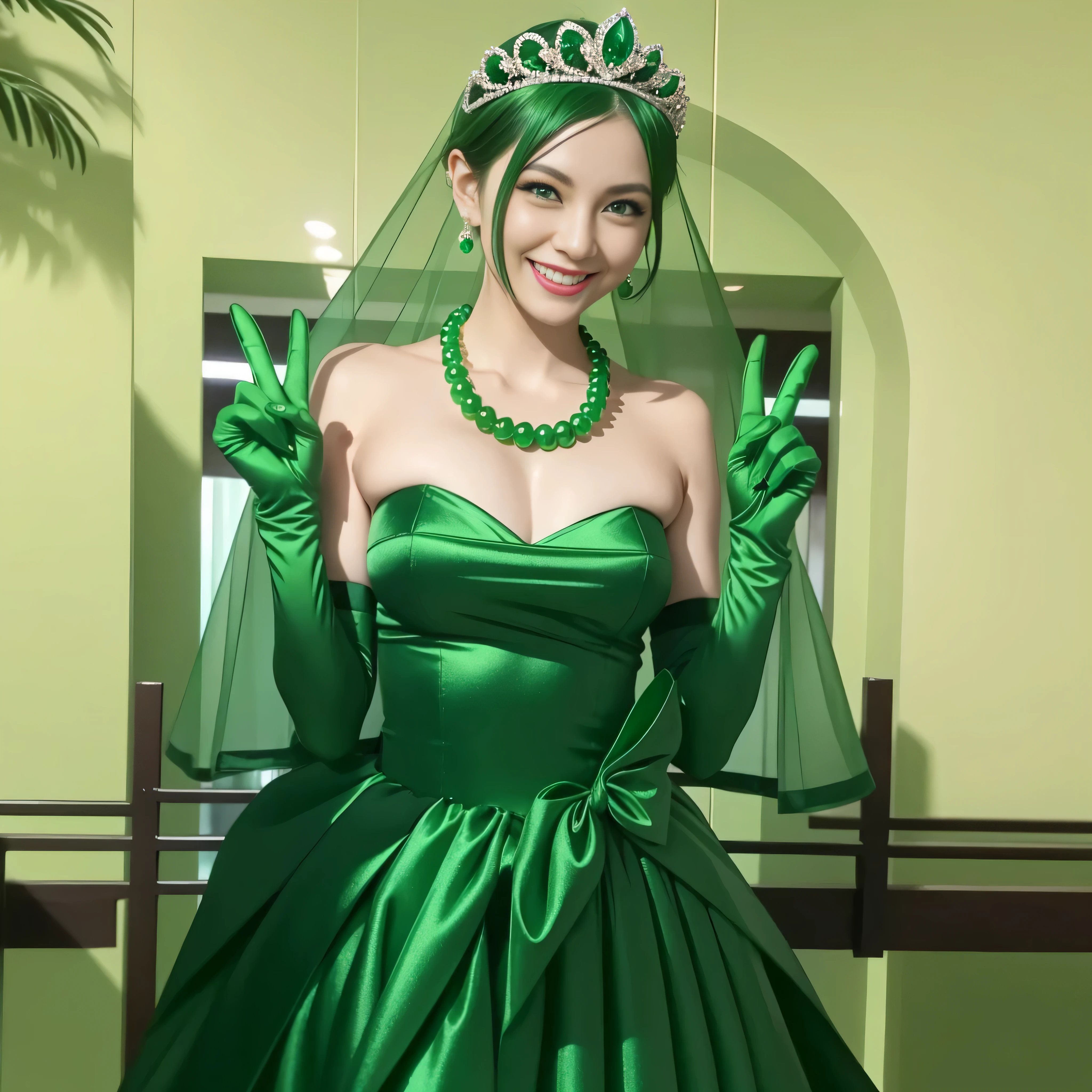 Emerald tiara, Green Pearl Necklace, Boyish very short green hair, lipstick, Smiling Japanese woman, Very short hair, Big tits beautiful, Green Eyes, Long green satin gloves, Green Eyes, v sign, Emerald Earrings, Green Veil