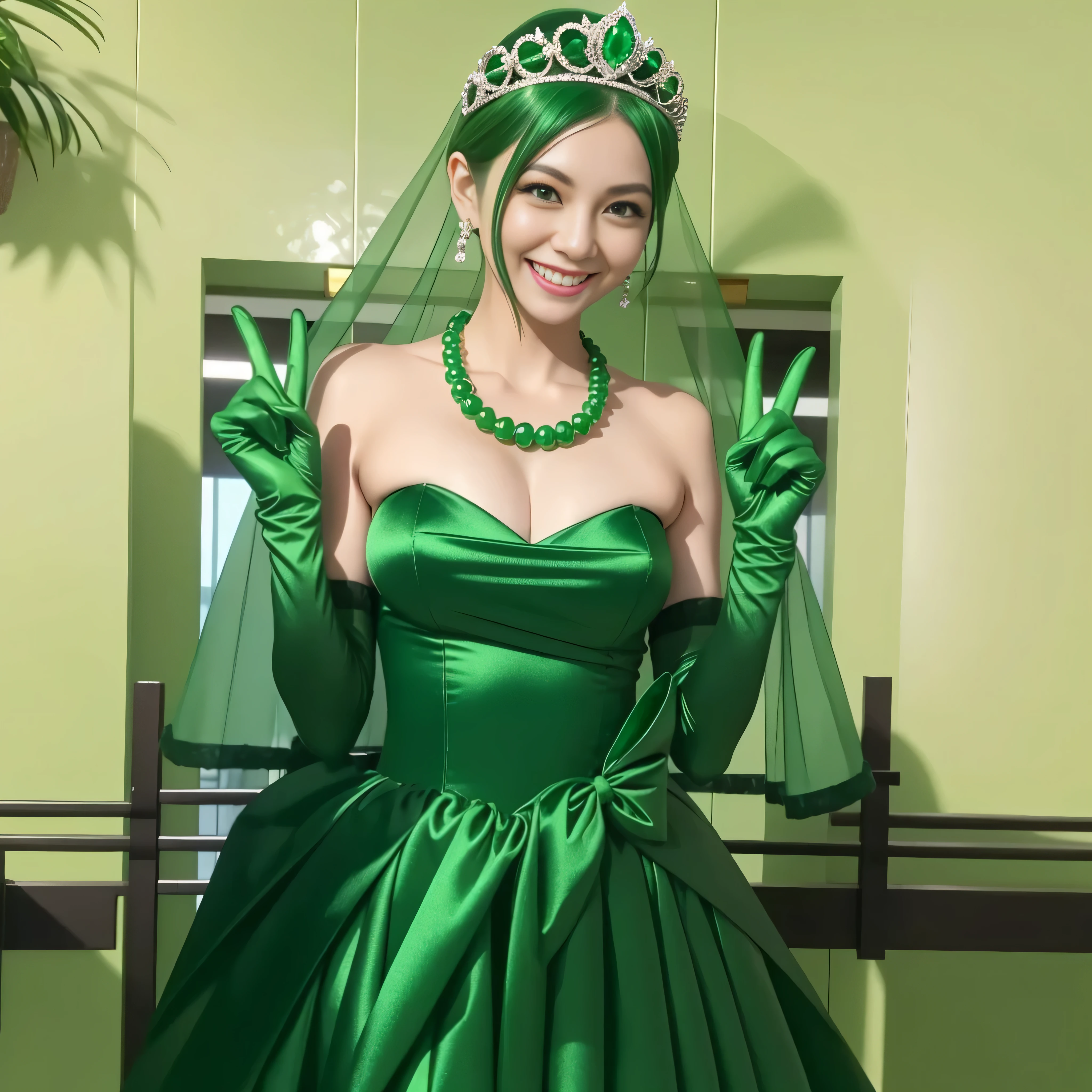 Emerald tiara, Green Pearl Necklace, Boyish very short green hair, lipstick, Smiling Japanese woman, Very short hair, Big tits beautiful, Green Eyes, Long green satin gloves, Green Eyes, v sign, Emerald Earrings, Green Veil