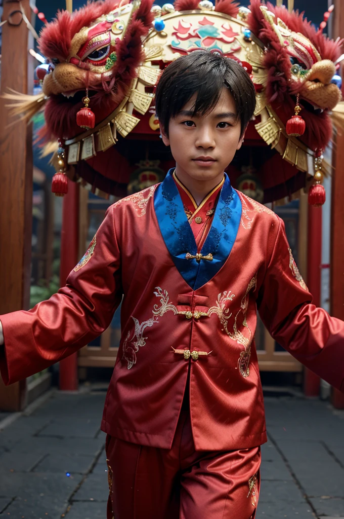 3D animation of a Chinese boy wearing a red lion dance costume with blue details and sparkling beads. The boy is also wearing traditional Chinese clothing in red with dragon embroidery and a pink tie. The background is a traditional Chinese gate.