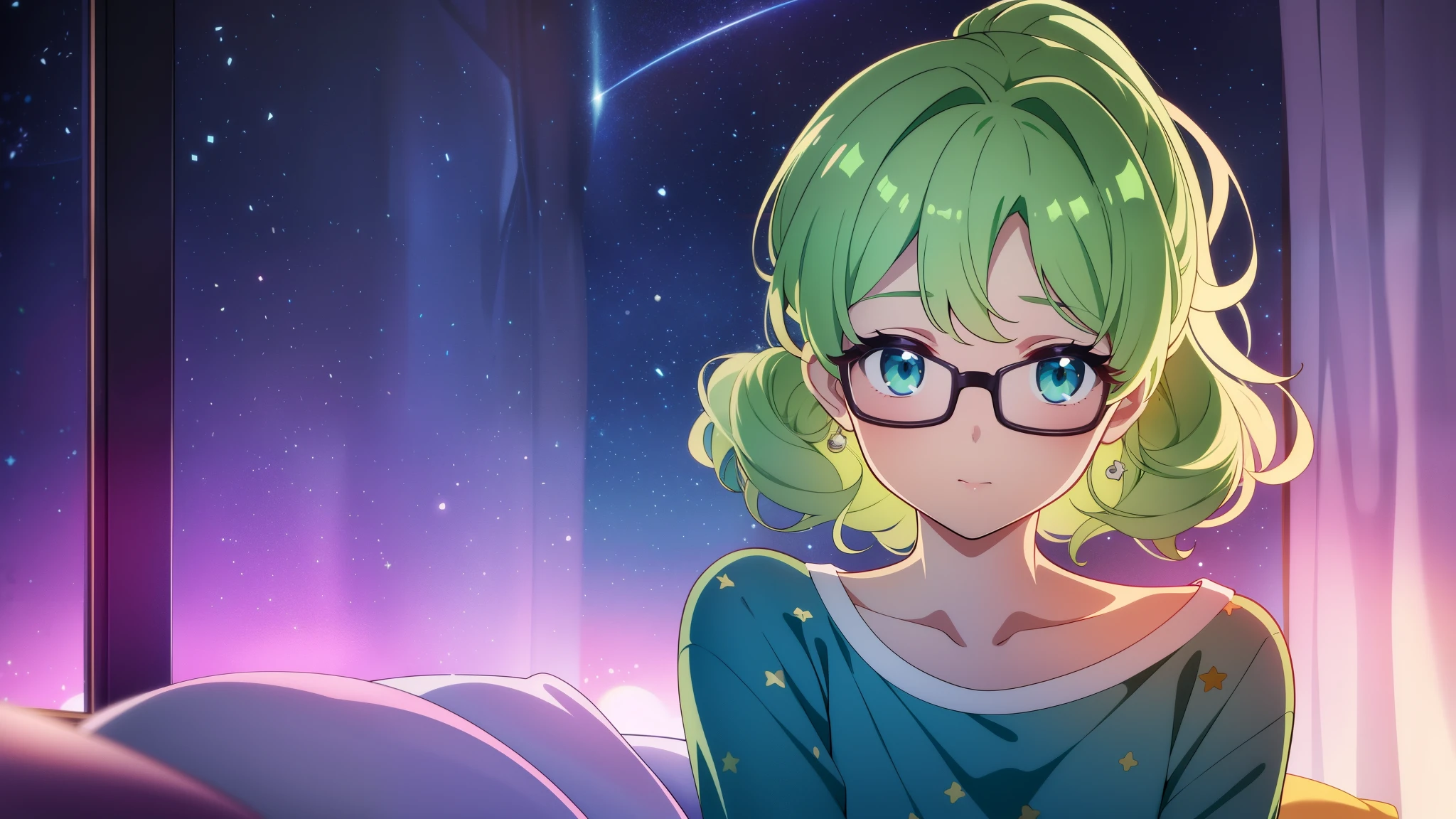 (high-quality, breathtaking),(expressive eyes, perfect face) 1girl, female, solo, teenager, soft light pink hair, green eye color, medium hair length, wavy curly hair, looking at viewer, half body, soft smile, kind face, shy girl, white skin, dark purple shirt, stars pattern shirt, thin black frame glasses, loose pj shorts, cutesy bedroom background, fairy lights, cute ponytail, portrait, sickly
