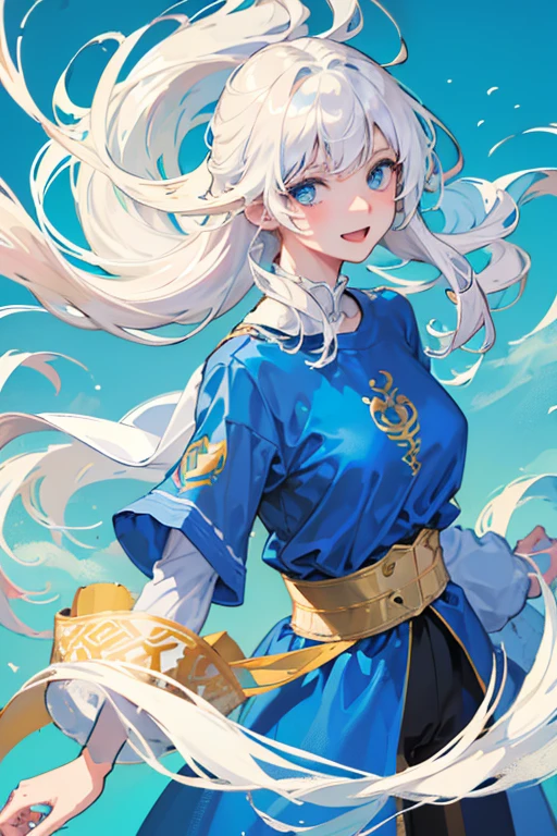 man, high quality, 4K, happy, laughing, looking at viewer, straight hair, white hair, blue eyes, fair skin, slim, long-sleeved t-shirt, 20-year-old, blue background, cel anime, upper body, from front