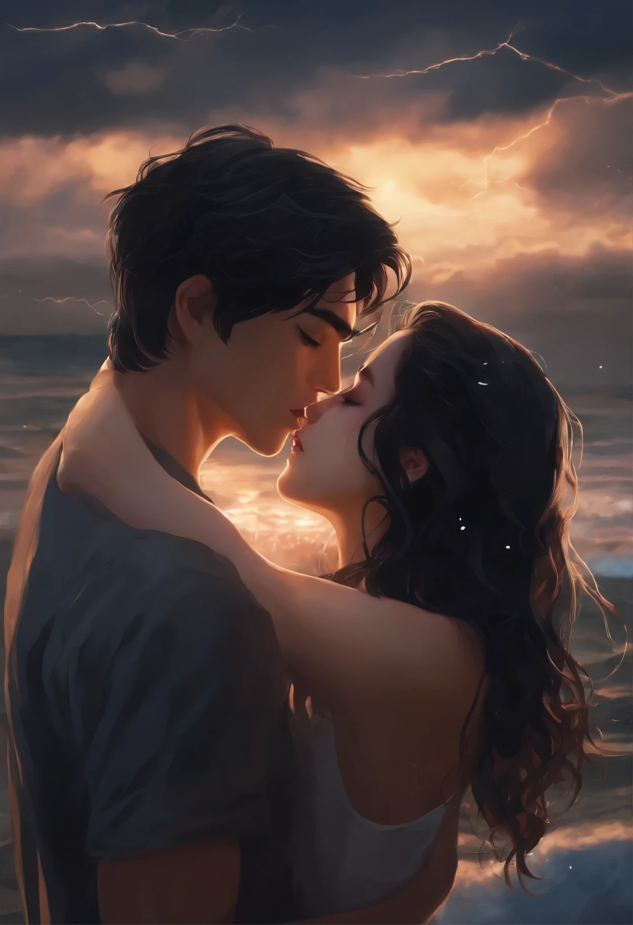 her bf and she are kissing on the storm, she has short black hair a little long wavy, tan skin, beautiful face, girl. her bf has handsome face, look hot, white skin anime version, black hair