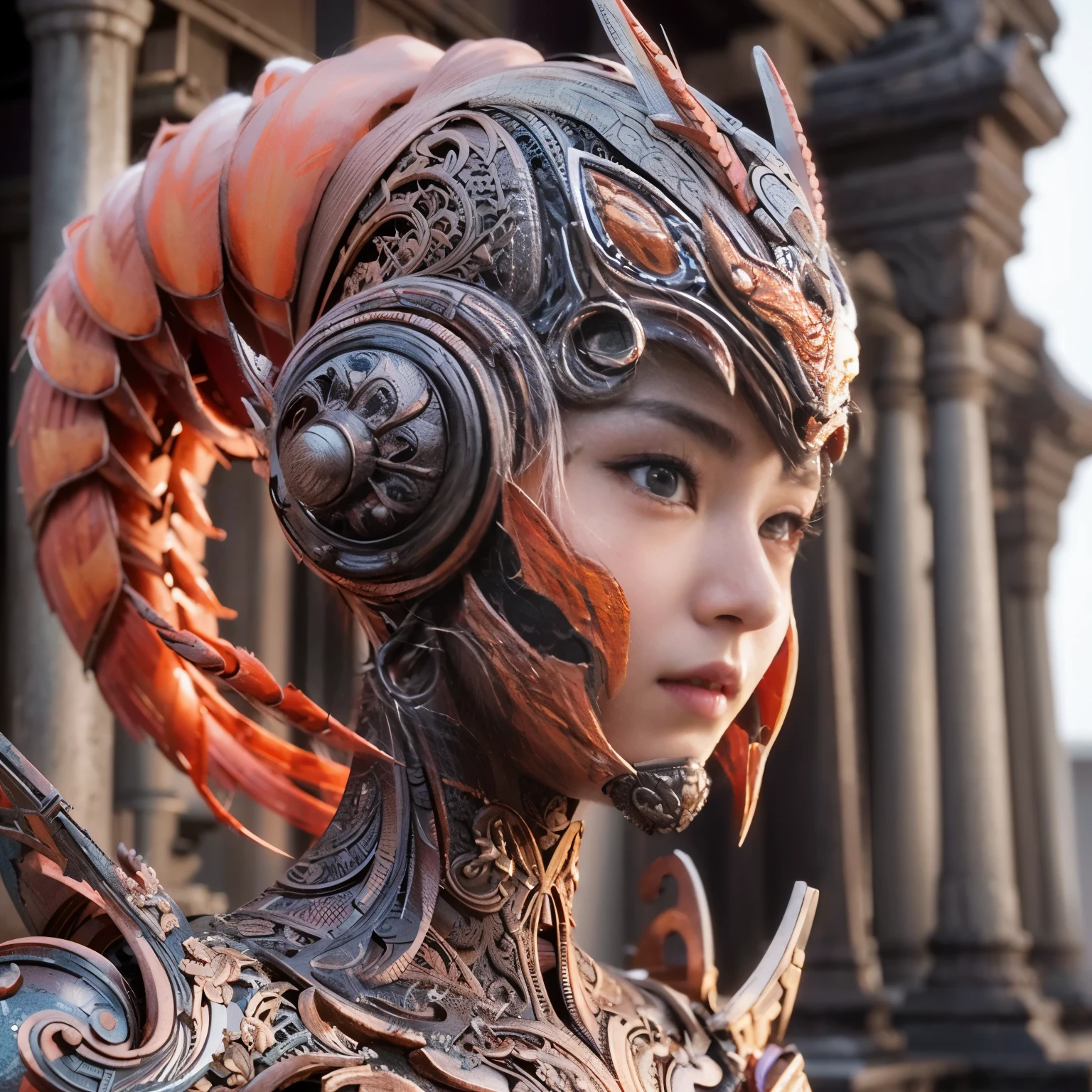 (masterpiece, best quality:1.2), (8k uhd, 16k, 32k, ultra high res), (photorealistic:1.37), (RAW photo), ultimate-realistic, ultimate-realistic details, ultimate-realistic texture, ultimate-intricate details, ultimate-realistic lighting, ultimate-realistic shadow, japanese girl, ultimate-cute face, ultimate-RAW skin, ultimate-realistic eyes, A pretty woman wearing a samurai armor type powered suit, mechanical, extremely intricate details, full body shot, ultimate photorealistic