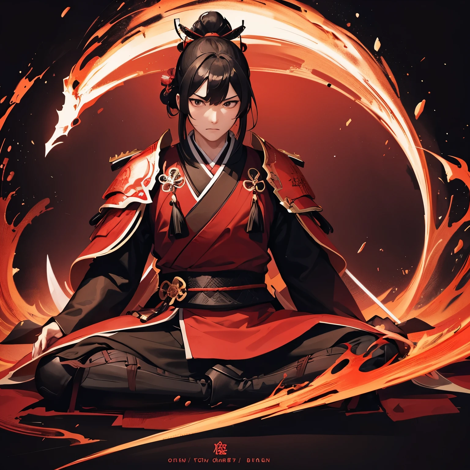 make a red sketch on a black background of a samurai meditating without armor, only with kimono, also make some sketches of dragons and with the name sakazuki right above it