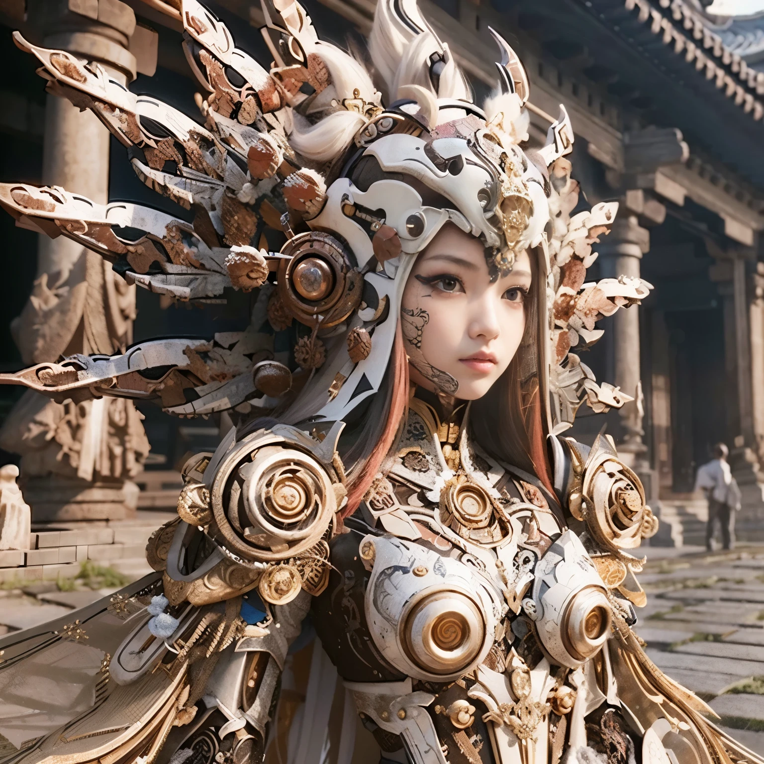 (masterpiece, best quality:1.2), (8k uhd, 16k, 32k, ultra high res), (photorealistic:1.37), (RAW photo), ultimate-realistic, ultimate-realistic details, ultimate-realistic texture, ultimate-intricate details, ultimate-realistic lighting, ultimate-realistic shadow, japanese girl, ultimate-cute face, ultimate-RAW skin, ultimate-realistic eyes, A pretty woman wearing a samurai armor type powered suit, mechanical, extremely intricate details, full body shot, ultimate photorealistic