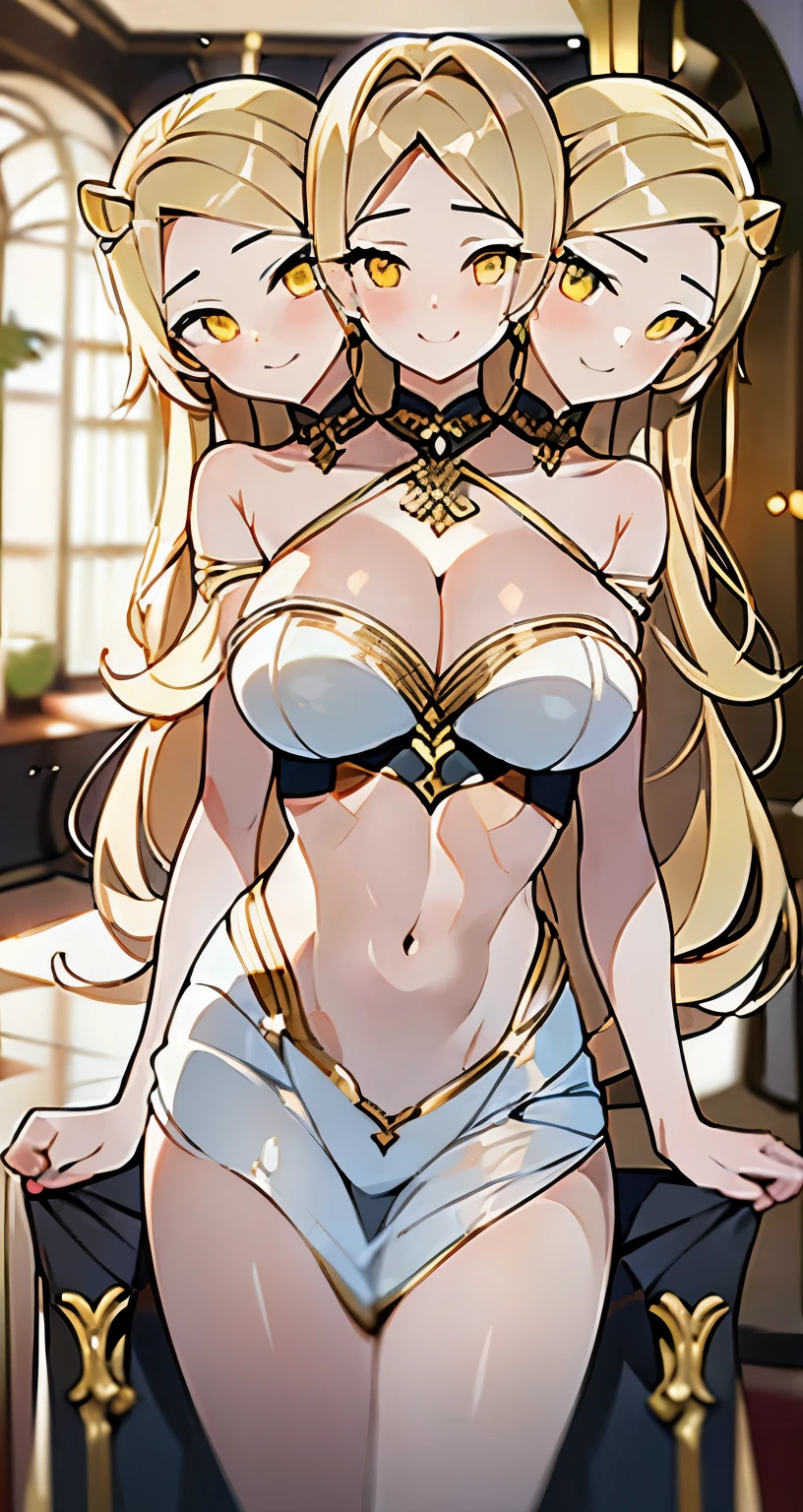 (masterpiece),(ultra-detailed), (high quality), (high resolution), (best quality:1.5, highres, UHD), highres, absurdo, ultra detail, ultra quality, Ultra resolution, 16k, 1girl, (3heads:1.5), girl with three heads, golden blonde hair, (((same identical hair color))), black dress, large breasts, cleavage,, charismatic, very shy, carefree, detailed hair,, (detailed glowing golden yellow eyes), Beautiful girl with accentuated slender abs