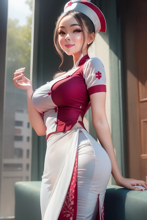 Two-dimensional nurse  Nurse white top coat high hips, medium breasts, impressive body, long skirt, red smile, welcoming likeness, crystal clear, highest image, intricate detail work.