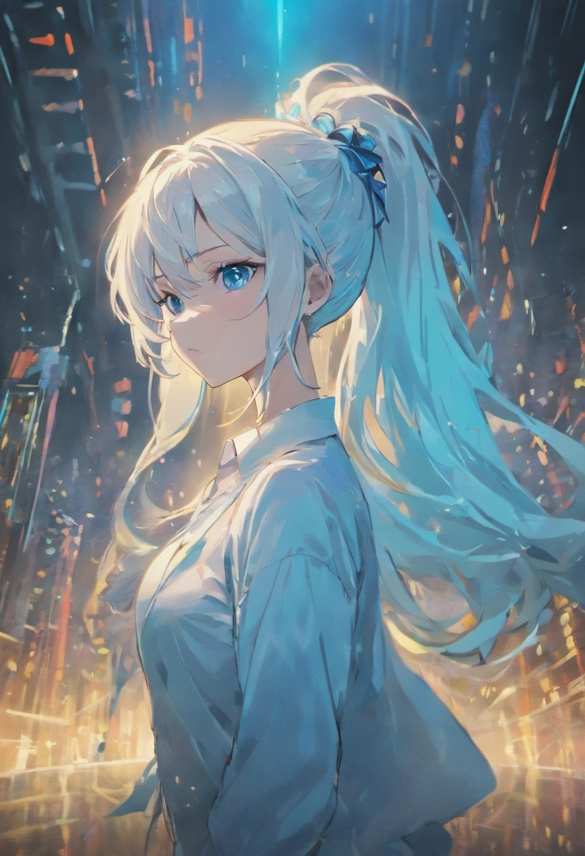 Anime woman with long white hair (in a ponytail) and bright blue eyes wearing a white blouse and dark pants