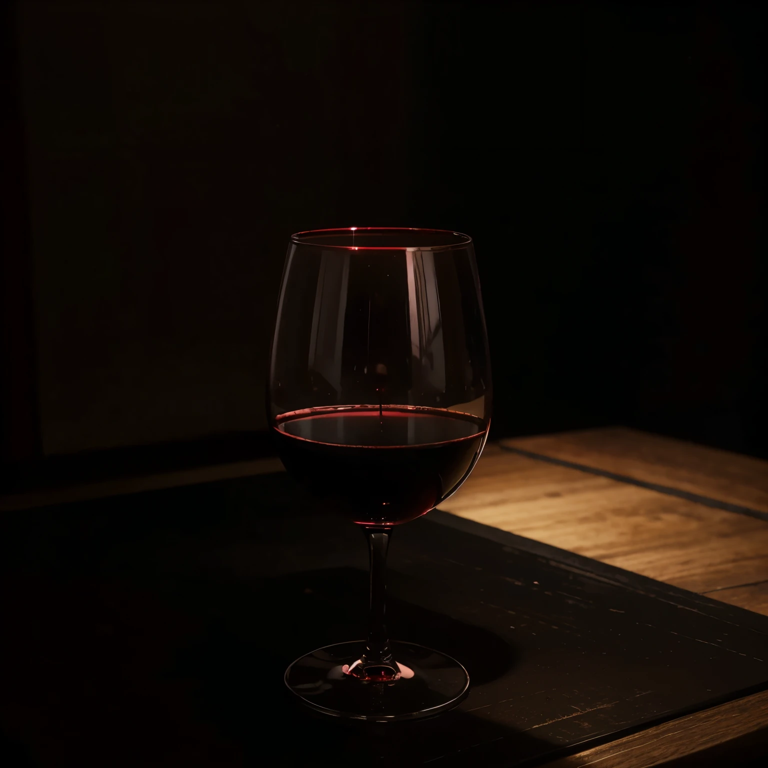 Red wine in a glass in the middle of a black table and just black background