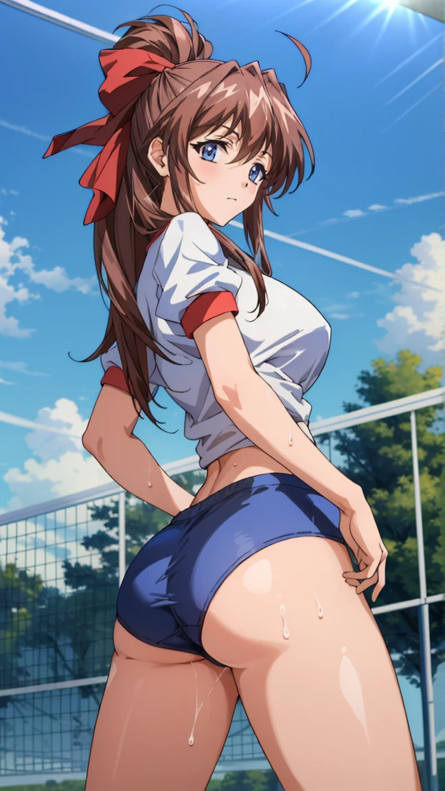 masterpiece, super high quality, Very detailed, Perfect drawing, alone, girl, Volleyball Club, Volleyball Wear, Bloomers, Run Volleyball Shoes, Rear View, Round and cute buttocks, Butt sticking out pose, Puffy bust top, blush, Sweat, Sunburned skin: (1.5), Overflowing with smiles, 18-year-old, blue sky, Cumulonimbus, Shining Sun, Gym, Volleyball court, receive, receive, Photographed from diagonally in front, (全身Sweat)See-through