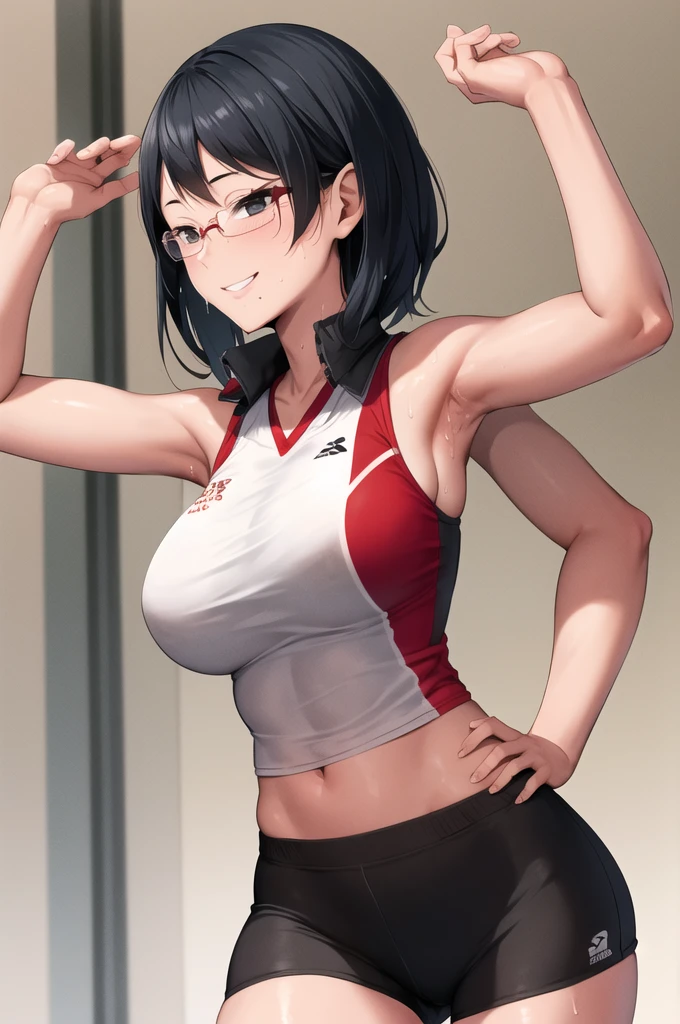 masterpiece, best quality, highres, aakiyoko, solo, short hair, black eyes, glasses, mole under mouth, volleyball uniform, standing, cowboy shot, smile, hand on hip, anime. skins, sweating, big breasts, both hands raised, armpits, armpits visible, dripping with sweat, more more sweat, sweaty armpits.