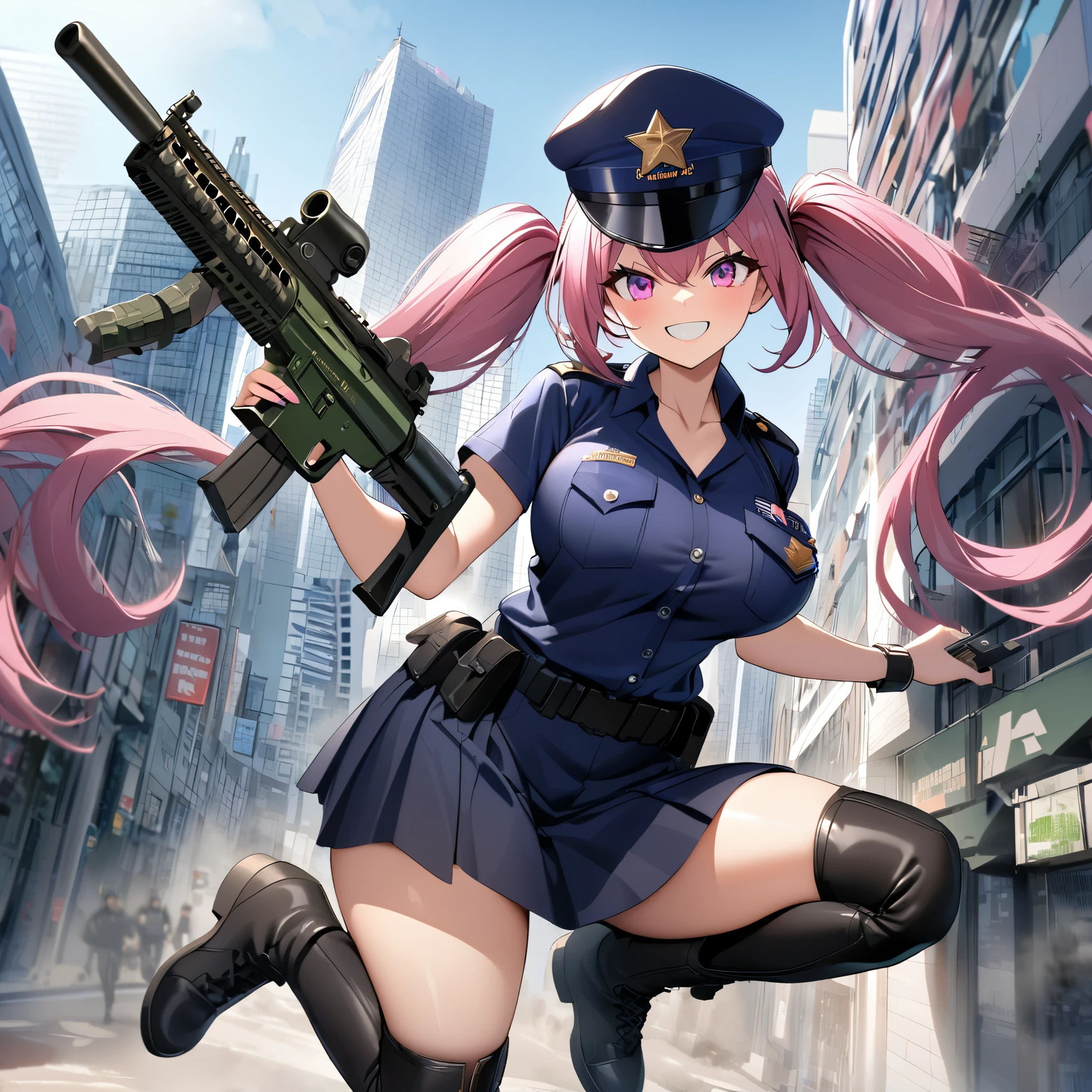 a woman wearing an American police uniform, dark blue t-shirt, dark blue skirt, dark blue military hat, black boots, long hot pink hair with gray fringes, pink eyes, pigtails, holding an m4a1 smiling , in a city with many buildings, full body, big breasts