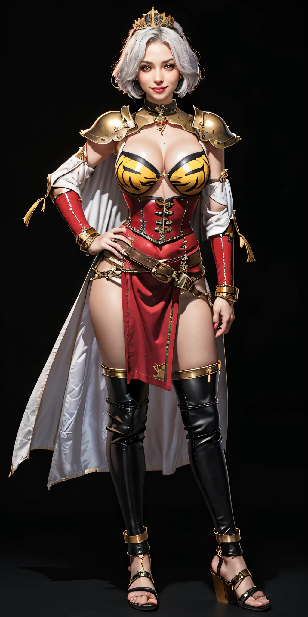 ((BLACK BACKGROUND 1:2, masterpiece)) 1solo female full body MILF BIMBO standing straight symmetrical with two long thighs and two metal sandals, red eyes like rubies, eye focus looking to the viewer, silver white hair, short bob style hair, big knockers breastplate, breastplate, cleavage, tiara royal, long cape up to two feet, yellow bikini (yellow tiger stripes), lustful smirking smiling, smile face (red blushed, red cheeks), pauldrons metal shoulders, gold sleeveless bracelets, separate sleeves, hands on waist hands OR hips, golden bracers, metal handcuffs, leather corset, red loincloth, black leather choker slave collar, shackles bracelets, slave red crest under navel, navel, big belt around waist OR hips, feet together, metal ankle, two long thighs and two metal sandals