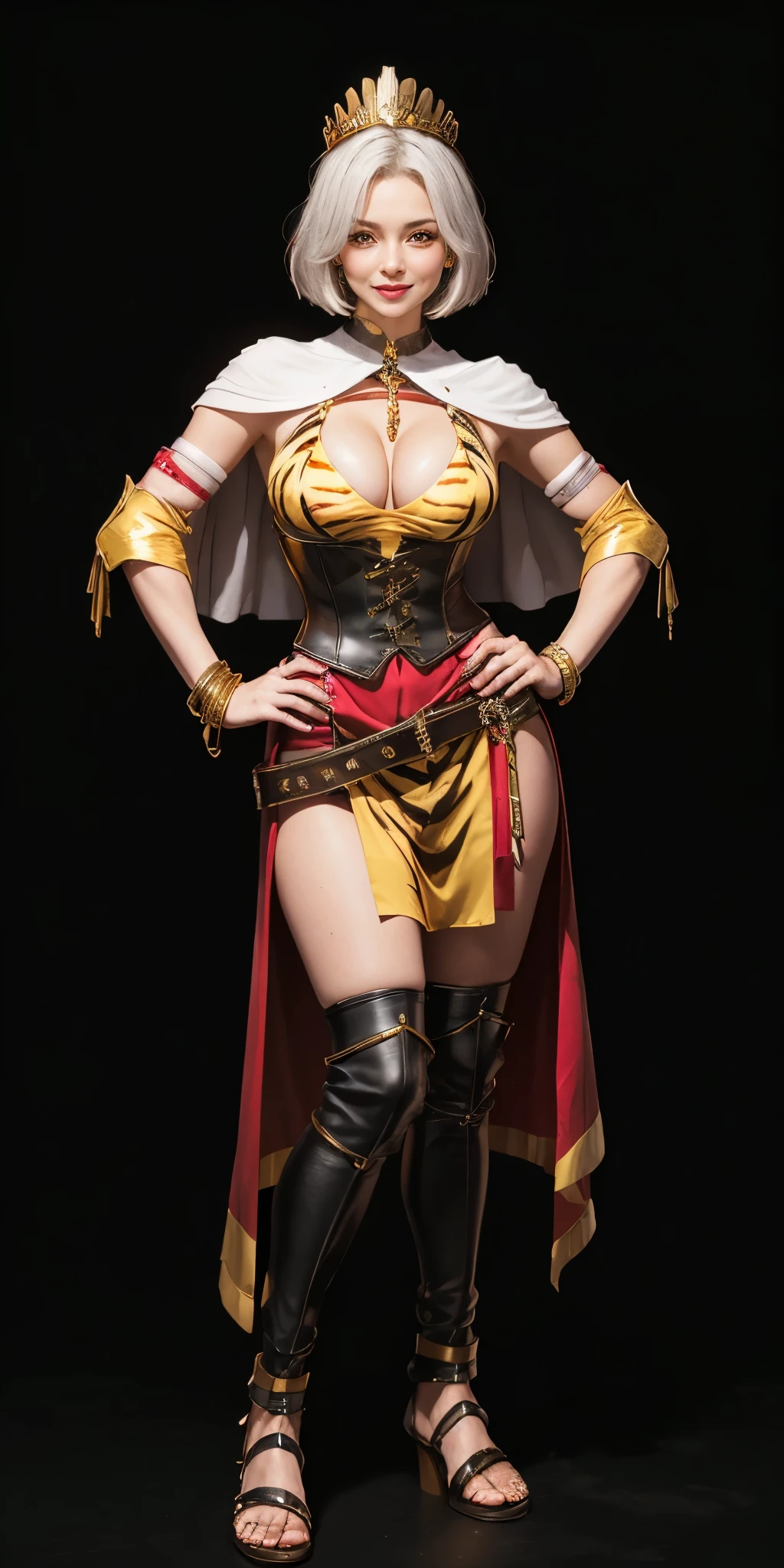 ((BLACK BACKGROUND 1:2, masterpiece)) 1solo female full body MILF BIMBO standing straight symmetrical with two long thighs and two metal sandals, red eyes like rubies, eye focus looking to the viewer, silver white hair, short bob style hair, big knockers breastplate, breastplate, cleavage, tiara royal, long cape up to two feet, yellow bikini (yellow tiger stripes), lustful smirking smiling, smile face (red blushed, red cheeks), pauldrons metal shoulders, gold sleeveless bracelets, separate sleeves, hands on waist hands OR hips, golden bracers, metal handcuffs, leather corset, red loincloth, black leather choker slave collar, shackles bracelets, slave red crest under navel, navel, big belt around waist OR hips, feet together, metal ankle, two long thighs and two metal sandals