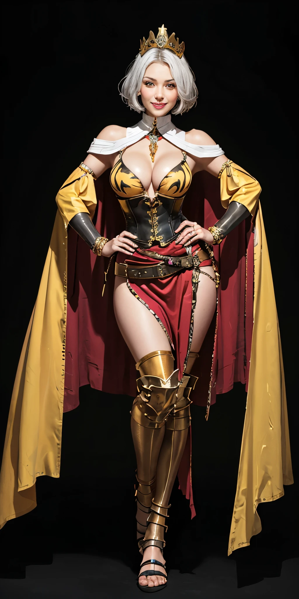 ((BLACK BACKGROUND 1:2, masterpiece)) 1solo female full body MILF BIMBO standing straight symmetrical with two long thighs and two metal sandals, red eyes like rubies, eye focus looking to the viewer, silver white hair, short bob style hair, big knockers breastplate, breastplate, cleavage, tiara royal, long cape up to two feet, yellow bikini (yellow tiger stripes), lustful smirking smiling, smile face (red blushed, red cheeks), pauldrons metal shoulders, gold sleeveless bracelets, separate sleeves, hands on waist hands OR hips, golden bracers, metal handcuffs, leather corset, red loincloth, black leather choker slave collar, shackles bracelets, slave red crest under navel, navel, big belt around waist OR hips, feet together, metal ankle, two long thighs and two metal sandals