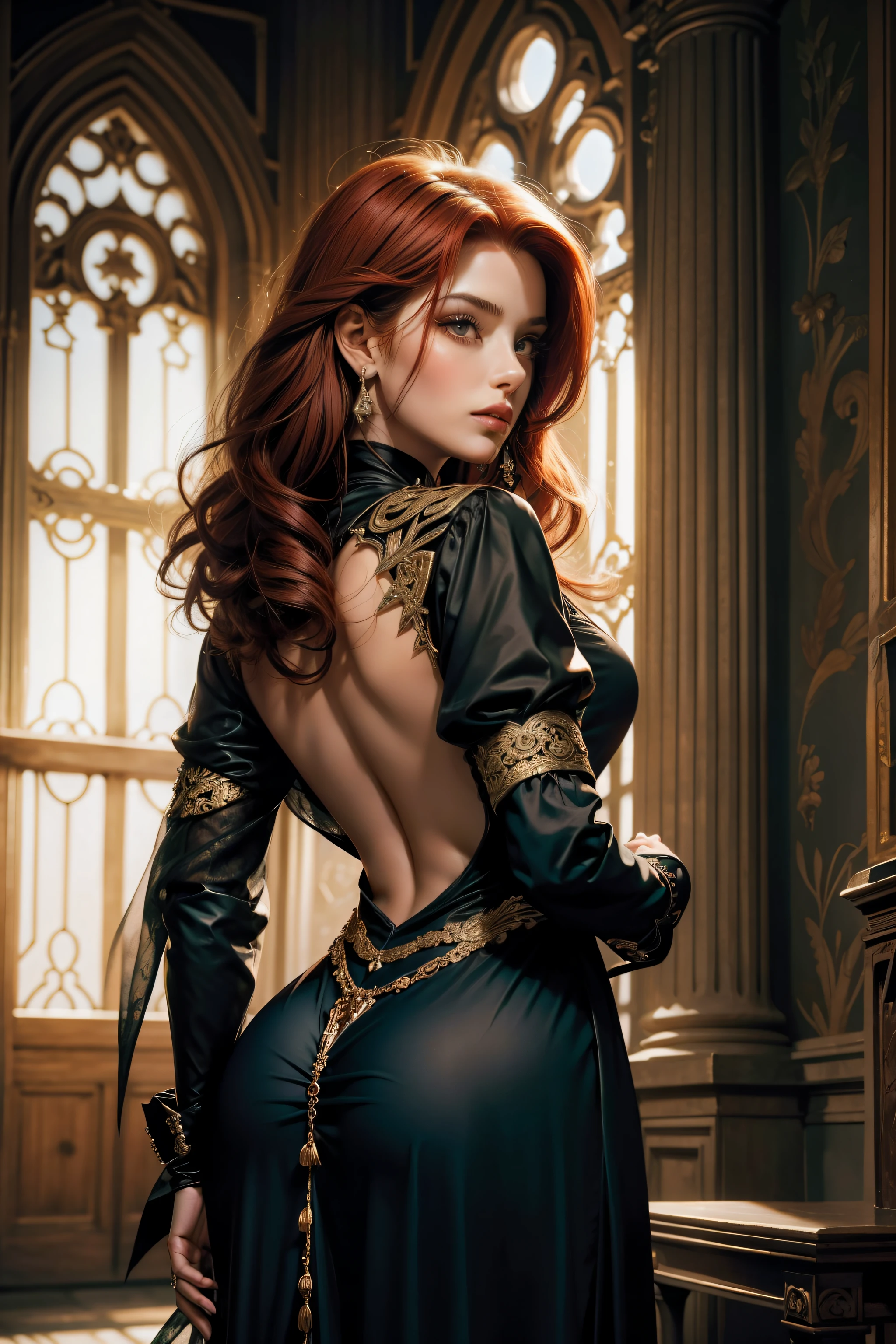 Foto de uma mulher com cabelos ruivos e um aperto de morte em um vestido preto, Estilo de Arte de John Collier, Virgem com cabelo de cobre, Estilo por Karol Buck, Young ruiva, retrato de uma jovem bruxa, No Bowwater Art Style, Diretor de palco: Roberto Lankiewicz, Geraldo Brohm, Alberto Lynch, portrait of princess merida, Dave Sim, red-haired in a dark palace, Vestido de veludo preto e roxo em um kokoshnitsa, Roupas ciganas de luxo, Head decoration, gargantilha de renda, obra-prima, Maximum quality, (Odin), (um rosto perfeito: 1.3), (altamente detalhado: 1.2), dramatic, 1 garota, anjo, (Pale skin), longos cabelos ruivos, cabelo ruivo escuro, (Seios enormes), sobrancelhas claras,,,,,,,,,, cabelo longo, a noite, Roxo e preto medieval vestido cigano, lots of jewelry, Head decorations, olho castanho, The navel is covered......., fleshy lips, curved, (hands behind the back: 1.4), abordado, Detailed palace background, arte de artgerm e greg rutkowski, film lighting, , moda, Balenciaga, Alexander McQueen, brilhante, Cabelo ruivo cobre, Cabelo ruivo cobre, cabelo ruivo, mulher ruiva, Lindo cabelo ruivo, ruiva, Pale skin, Garrafa de Gordura, big lips, juicy lips beautiful lips, lindos olhos, gordinho Buchachas, rosto redondo, gordinho young woman, gordinho , caboz, gordo, Woman with cabozby body, gordinho woman, vestido preto, Sullenly extends his entire body towards the viewer.), (olhos verdes: 1.3)