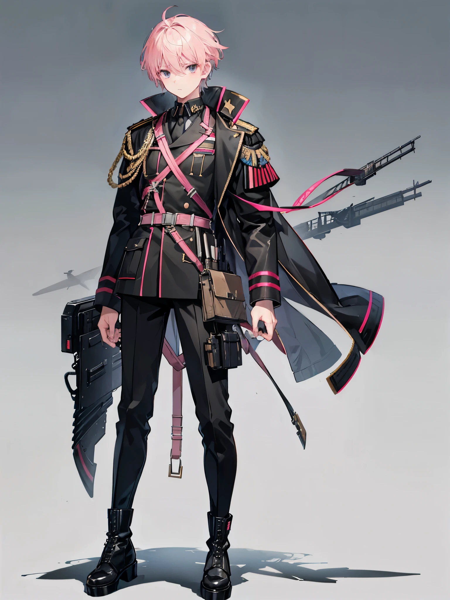 male, light pink hair, black eyes, ((armed shoulder strap)), military uniform, ((Military jacket)), ((Long boots)), ((full body)), ((a boy)), short hair, luftwaffe, trousers