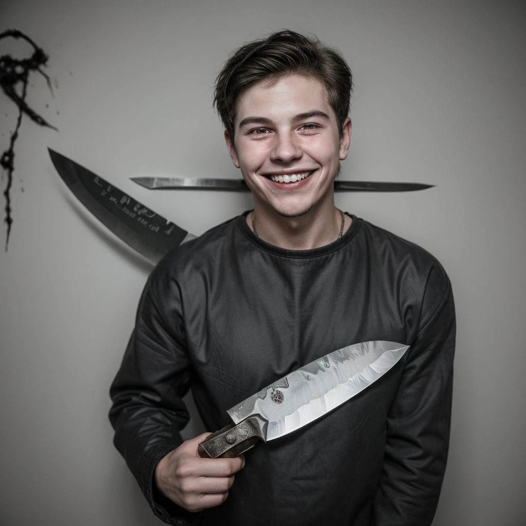 Masculine boy , knife in his hand, smiling like a killer, horror in his background and have lettering SEVEN NIGHTS